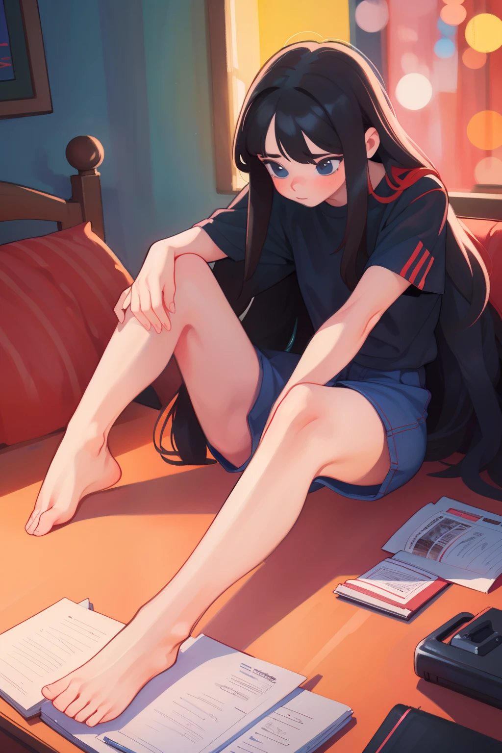 best quality,ultra-detailed,realistic,photorealistic:1.37,digital art,1woman,black long hair,leg spread,high-res,studio lighting,vibrant colors,bokeh,concept artists