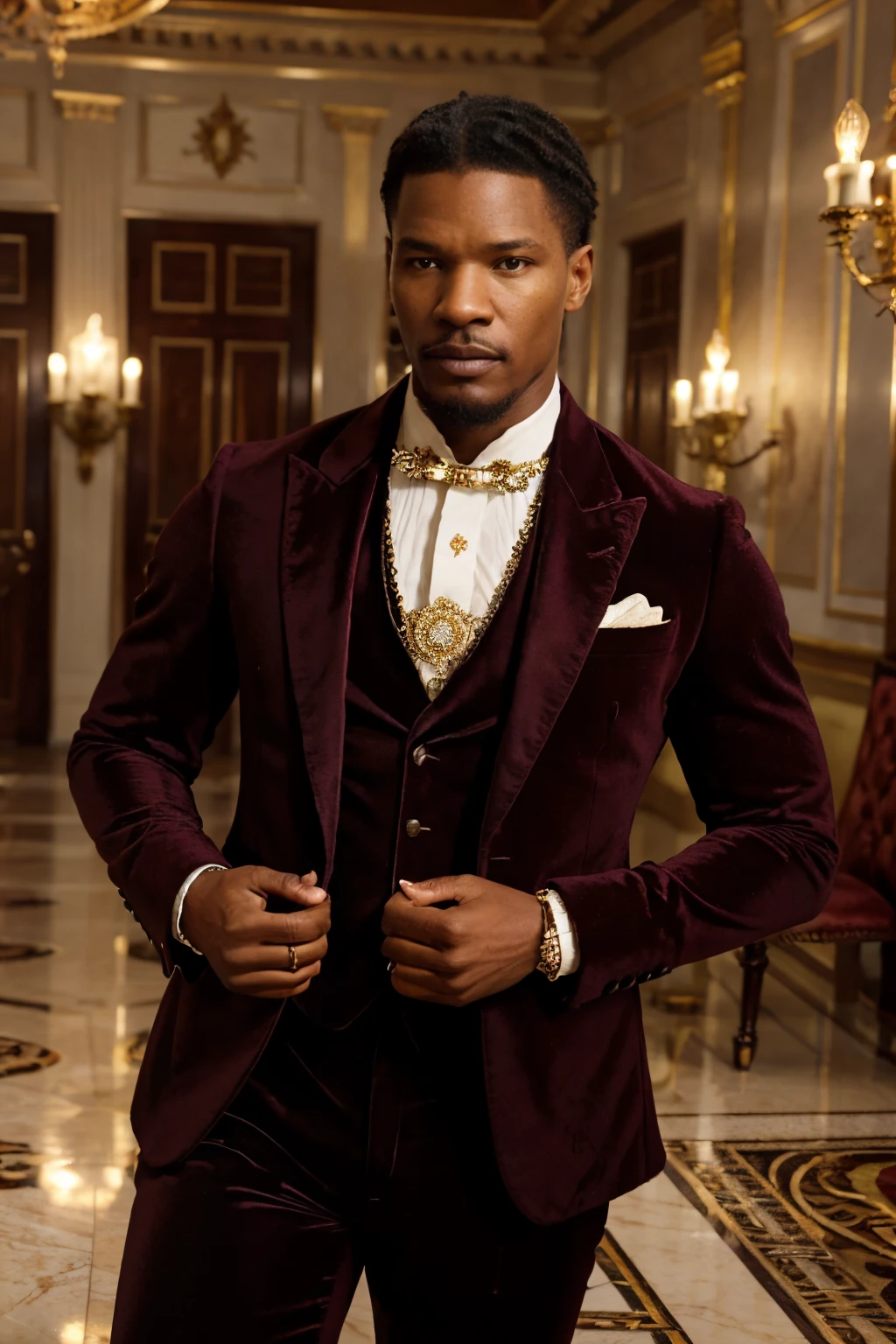 Jamie Foxx, afro-american man, British Victorian Lord, nobleman clothes, detailed facial features, charismatic expression, luxurious velvet suit, gold embroidery, elaborate ruffled collar, regal posture, dimly lit ballroom, antique chandelier, polished marble floor, ornate wooden panels, grandeur ambiance, vibrant colors, dramatic lighting, hauntingly beautiful portrait