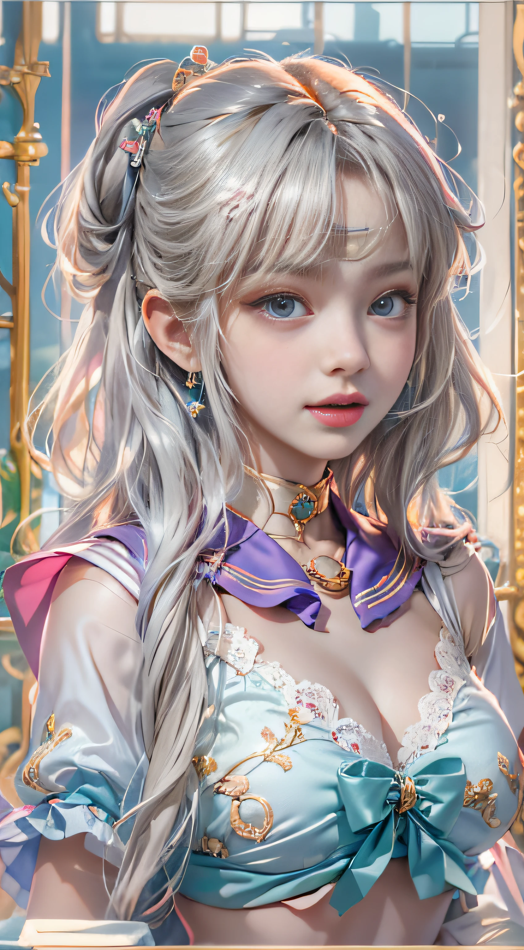 ((Girl standing in front of the bed)),1 girl, Silver hair, striated hair, Bangs, Blunt bangs, Long hair, Pink hair, aqua eyes, longeyelashes, Purple eyes, makeup, Smile, Parted lips, Realism, Verism, surrealism, depth of fields, One-person viewpoint, F/1.8, 135 mm, canon, nffsw, retinas, masutepiece, ccurate, Anatomically correct, Textured skin, Super Detail, high details, High quality, Best Quality, hight resolution, 1080p, hard disk, 4K, 8K、（Full Body Angle）、(o Off-the-shoulder translucent white blouse), (Loose red tie)、(Dark blue checked mini skirt),((Lift the hem of the skirt)),((lift up skirt))((Lace white panties are visible))（shapely breasts,)、((sexypose))、(camel's toe)、shinny skin。realisitic、Photorealsitic:1.37)、(独奏)、Dynamic Pose Jennie Blackpink Gorgeous Sheer Blue Short Dress, ​masterpiece, best qualtiy, High resolution, venus1, Yui, (Sailor Senshi Uniform:1.4), sailorvenus, aino minako, Golden white hair, magical  girl, blue eyes, orangeskirt, Elbow length gloves, tiarra, 60% Pleated mini-skirt , hair bows, Sailor color in orange, a miniskirt, gargantilha, Red bow, orangechoker, white glove, Very long hair, jewely, earrings, Denim Throws, View from below, ((intricate detailes)), They are smiling,,More detailed 8K.Unreal Engine:1.4,nffsw,best qualtiy:1.4, Photorealista:1.4, Skin Texture:1.4, ​masterpiece:1.8,​masterpiece, Better Quality,Object Objects], (detailed facial features:1.3),(Destroyed apocalyptic city:1.4),( jennieBlackpink:1.4)C:1.4), 16K HDR,),sexypose,((Skirt soars))、((White lace panties:1.2))(8K、(realisitic、Photorealsitic:1.37)、１Beautiful Japan High School Girl、perfect bodies、20yr old、Sexy Girl Sailor Suit Costume、Medium Boob、(Light shines on the face and chest)、(((((underboob)))))、Lower breast、Oily skin、skinny、 (Sexy uniform with a slight view of the underside of the chest)、(Visible lower milk、Uniform with navel and ribs visible)、Super mini skirt with visible hipbones 、sensual face、provocative smiling、