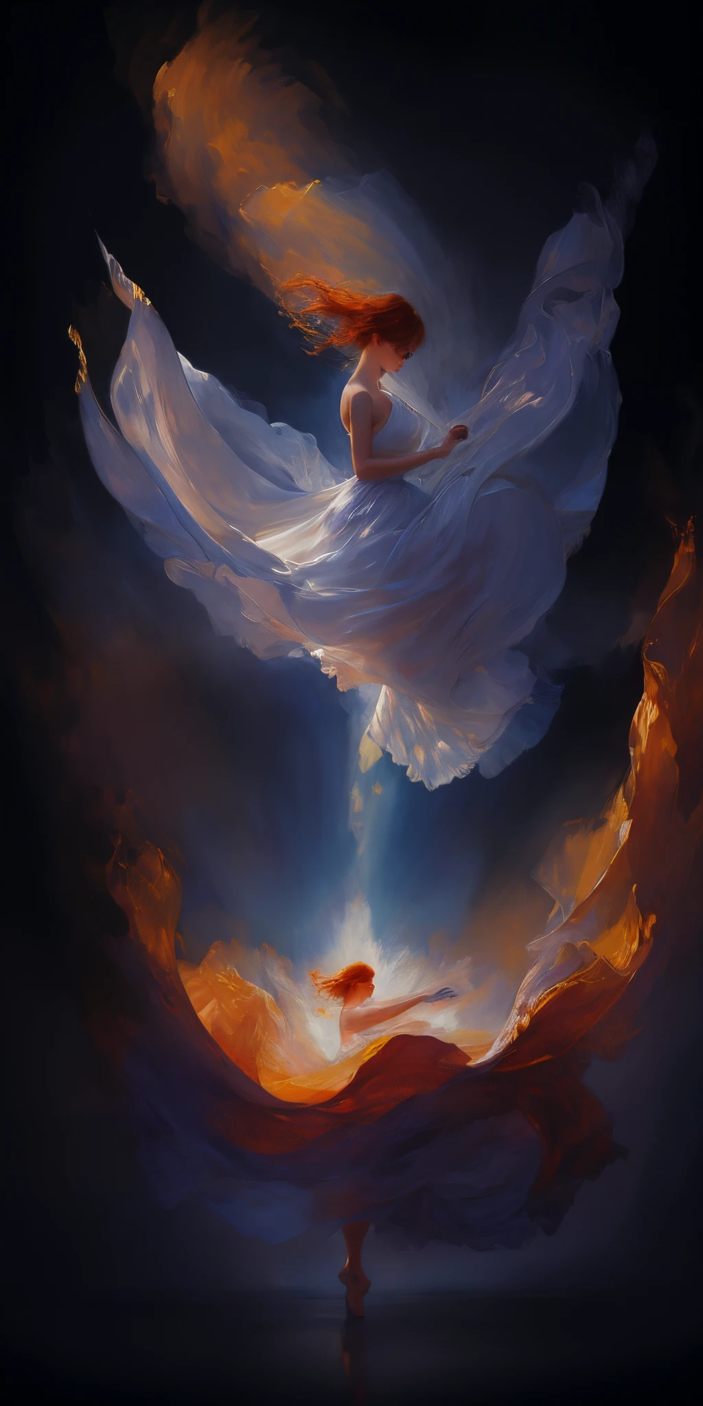 (incomplete painting), white background, oil painting with visible impressionistic strokes of a beautiful ginger woman, dynamic pose, abstract background, impressionistic style, (impressionism:1.1) soft pastels, tetradic colors, upper body shot, zoomed, emotionally evocative, expansive strokes, atmospheric, dynamic, dramatic, best quality, best resolution