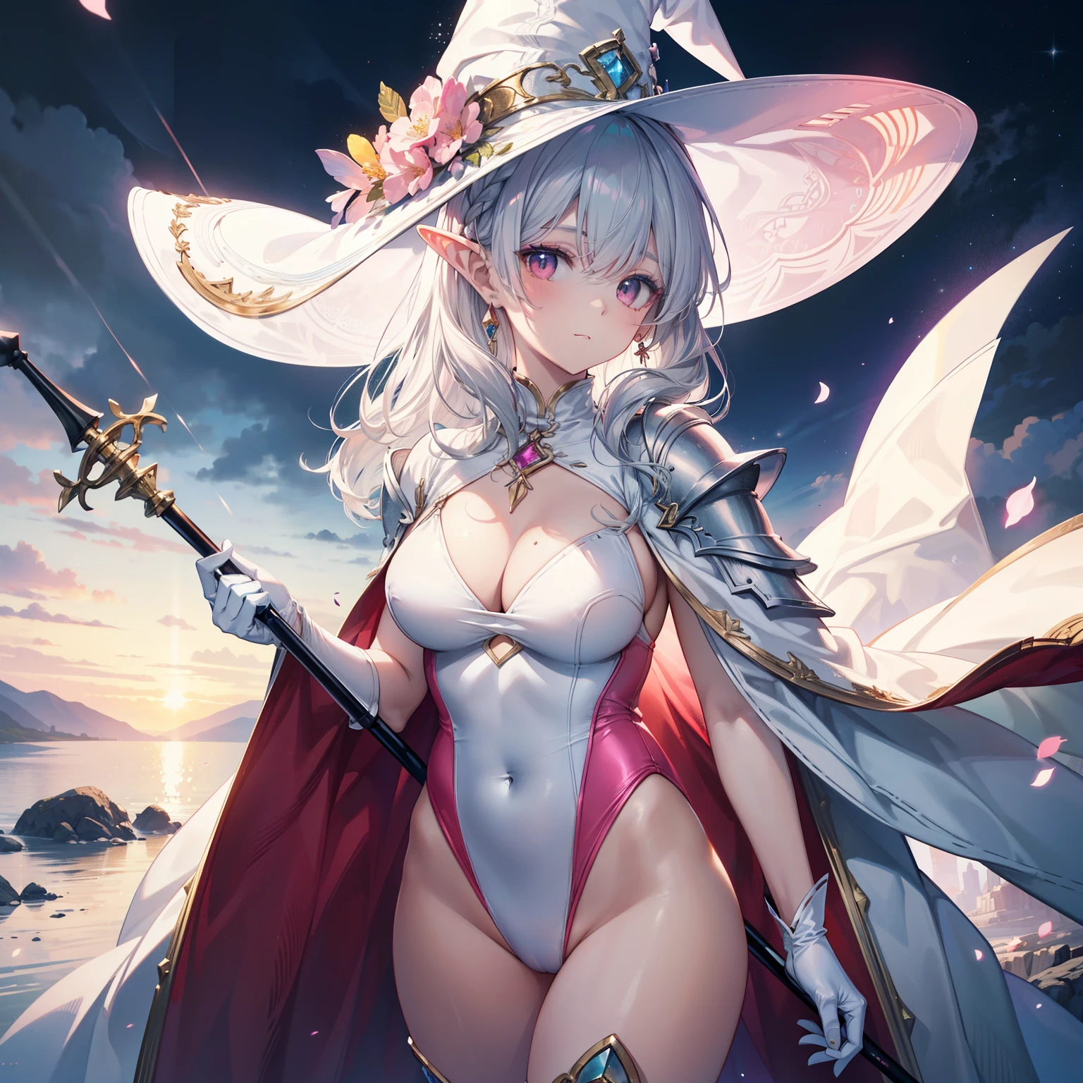 (Best quality at best,4K,8K,A high resolution,tmasterpiece:1.2), ultra - detailed, (actual,realistically,realistically:1.37), Cute big breasts, fgo Miss Avalon, Elf Girl, Three no girls,hip is cocked,a pink eyes,Long ears, White hair, White skin of the, Willow waist,Aviator,The background is a fantasy city, Pink and white plug set,white clothes, White gorgeous one-piece swimsuit,White boots, short-length straighthair, Cute makeup, Green-eyed, face expressionless, Gray-haired girl, beuaty girl, Moderate chest size, The content is very detailed, actual, Fantasyart, Silver high-cut one-piece swimsuit armor, pink and white gloves,long white cloak,long white cloak,rays of moonlight, Neck and head silver jewelry, White and pink witch hat, Witch Staff