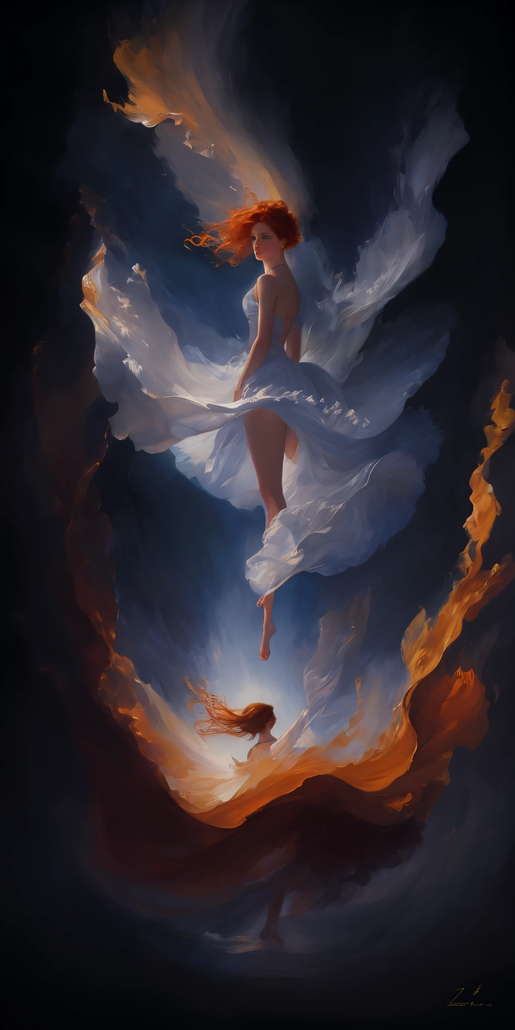 (incomplete painting), white background, oil painting with visible impressionistic strokes of a beautiful ginger woman, dynamic pose, abstract background, impressionistic style, (impressionism:1.1) soft pastels, tetradic colors, upper body shot, zoomed, emotionally evocative, expansive strokes, atmospheric, dynamic, dramatic, best quality, best resolution