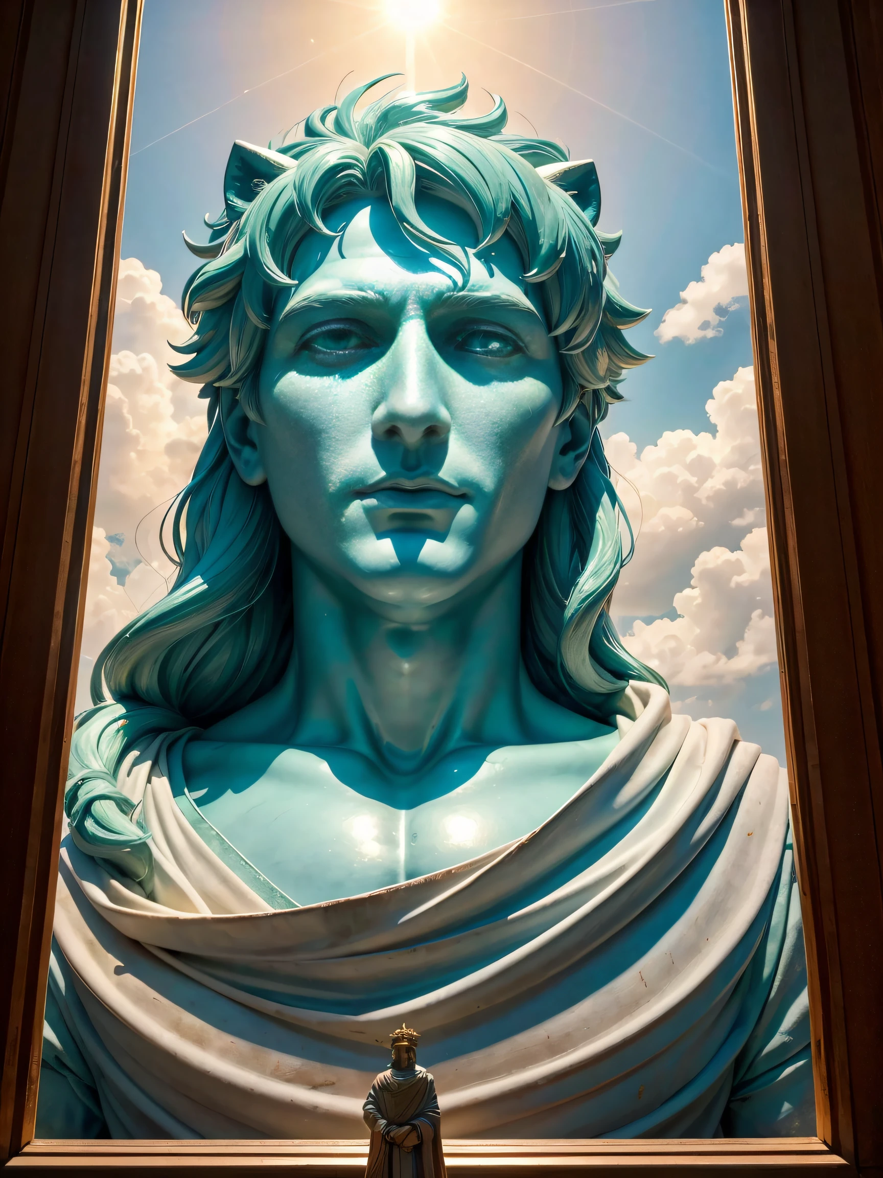 The figure of Constantine the Great, the Roman Emperor who has been revived in this day and age。young adult male。Bright and sharp eyes。his left eye is green、The right eye is scarlet。beside him、A lion and a lamb cuddling together are relaxing。The bright sun is rising。looking up at the blue sky。smiling kindly。a well-known international journalist、Also everyday people々He is also a warm travel writer who is close to the lives of people.。Competent and has ambition, passion and belief in his work.。Honest and kind, but cold and unforgiving when necessary.、He has a resolute personality.。jerusalem background。masterpiece。ultra-quality。The mutual complementarity of heavenly love and living on earth。