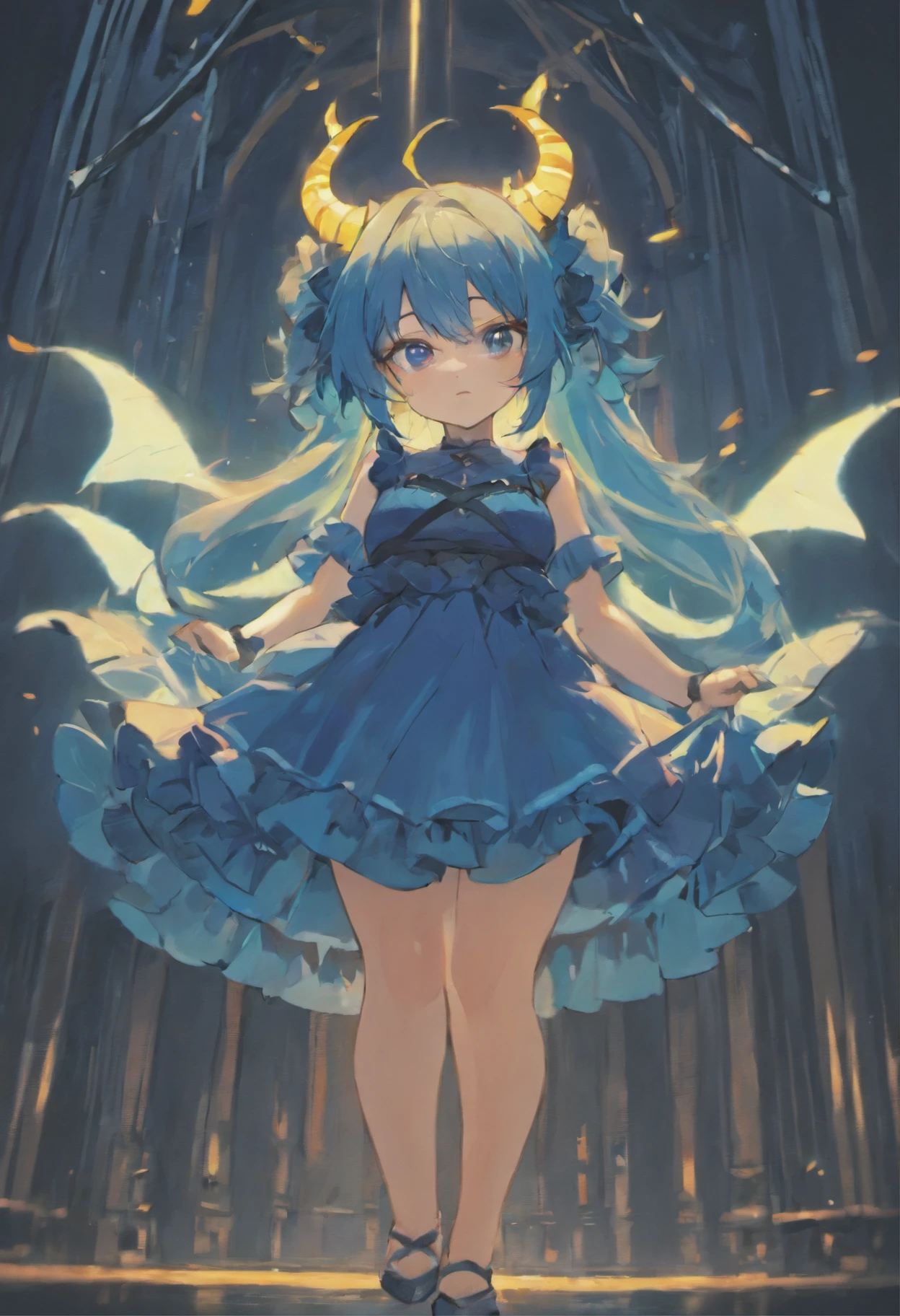 enigmatic and quiet, (shimmering orange eyes), ((Deep Azure hair)), (Straight long hair), ((Twin pitch black demon horns)), otherworldly, exceptionally beautiful, (((plump))), (big breasts), curvy, (((White top and dark blue ruffled skirt))), (ethereal spirit), ((slight smile)), (high quality), volumetric lighting, evening light