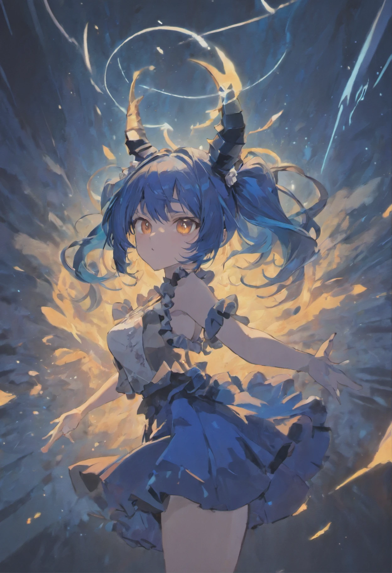 enigmatic and quiet, (shimmering orange eyes), ((Deep Azure hair)), (Straight long hair), ((Twin pitch black demon horns)), otherworldly, exceptionally beautiful, (((plump))), (big breasts), curvy, (((White top and dark blue ruffled skirt))), (ethereal spirit), ((slight smile)), (high quality), volumetric lighting, evening light