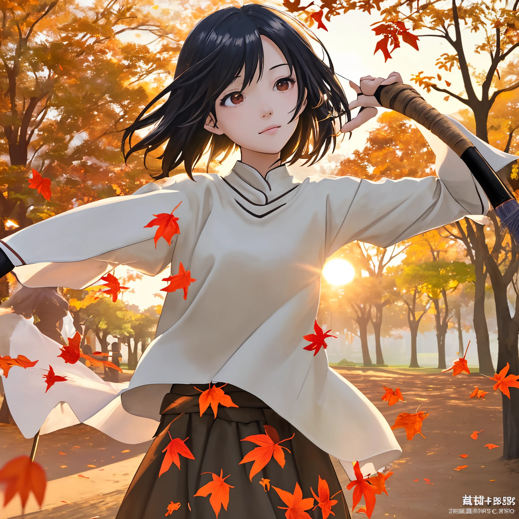 masterpiece、top-quality、Movie stills、1girl、a closeup、with light glowing、happiness、Warm soft lighting、the setting sun、(Spark:0.7)、Holding a broom、autumnal、leaves falling、Colored leaves、lawn、a park、By Shinkai Makoto