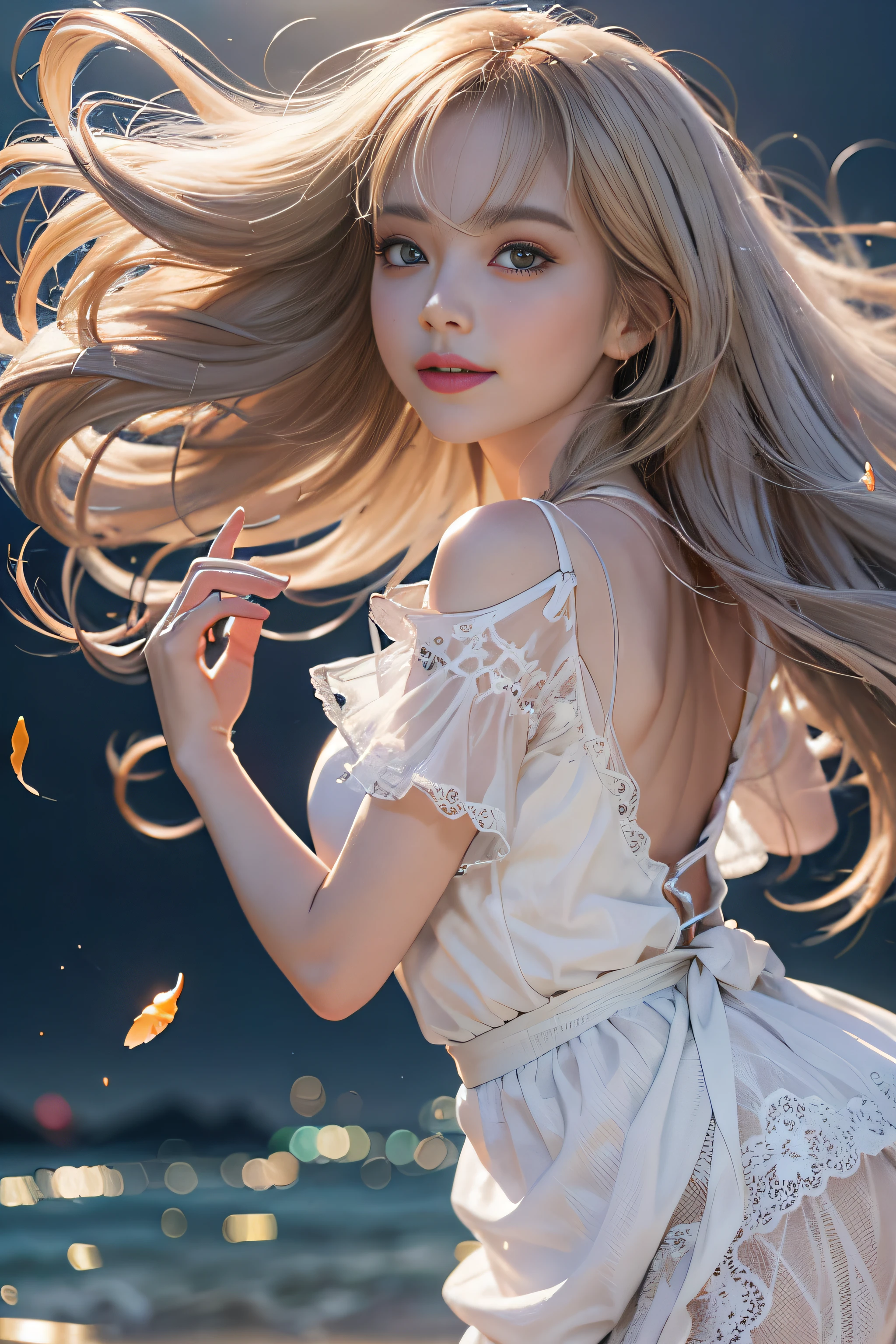 1girl in, Blonde hair, Grey Hair, Long hair, Bangs, Sparkling eyes, longeyelashes, PUPILS SPARKLING, makeup, Smile, depth of fields, From below, silhuette, from behind, Wide Shot, wide angles, ultra wide-angle,、 F/1.8, 135 mm, canon, nffsw, retinas, masutepiece, ccurate, Anatomically correct, Textured skin, Super Detail, high details, High quality, Best Quality, hight resolution, 1080p, hard disk, 4K, 8K、(Woman walking on the beach at sunset)Backlit silhouette、(Translucent white dress),((I can see the silhouette of my body through the light)),(Hair fluttering in the wind)、(Skirt soars in the wind)、、((White lace panties are visible)),