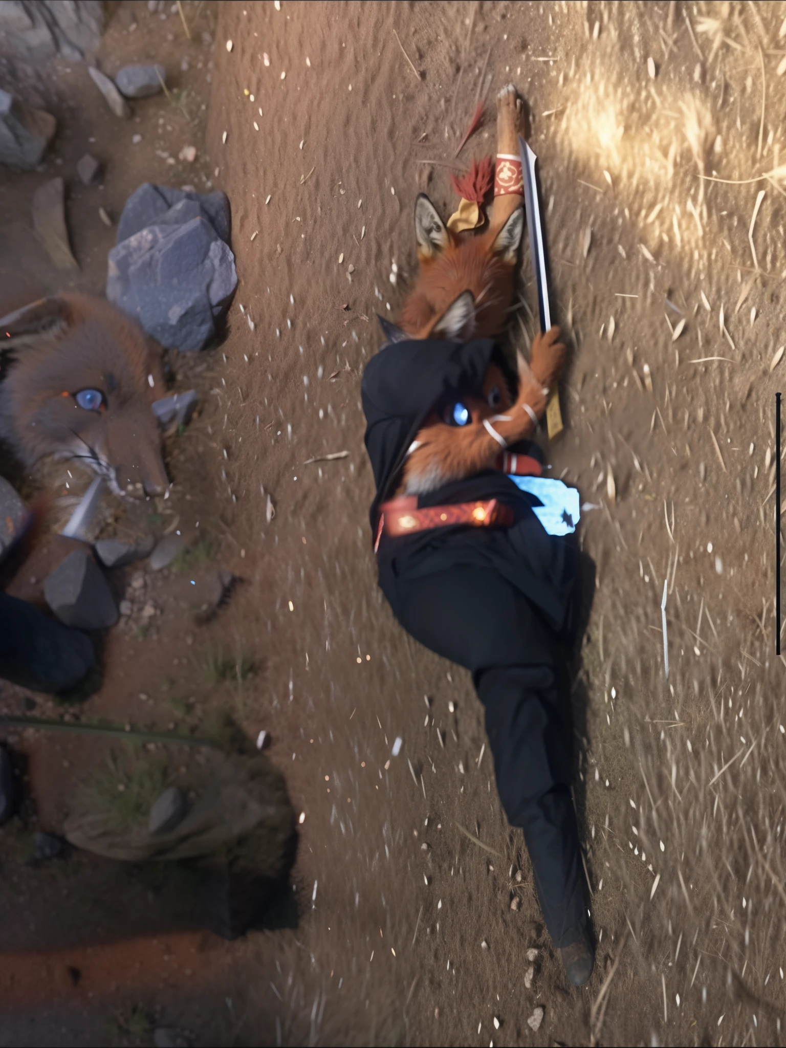 There is a fox demon lying on the ground, Fox monster lying on its side，Fox face， screengrab, Wielding a Chinese sword, Video static fox demon photo, widescreen shooting