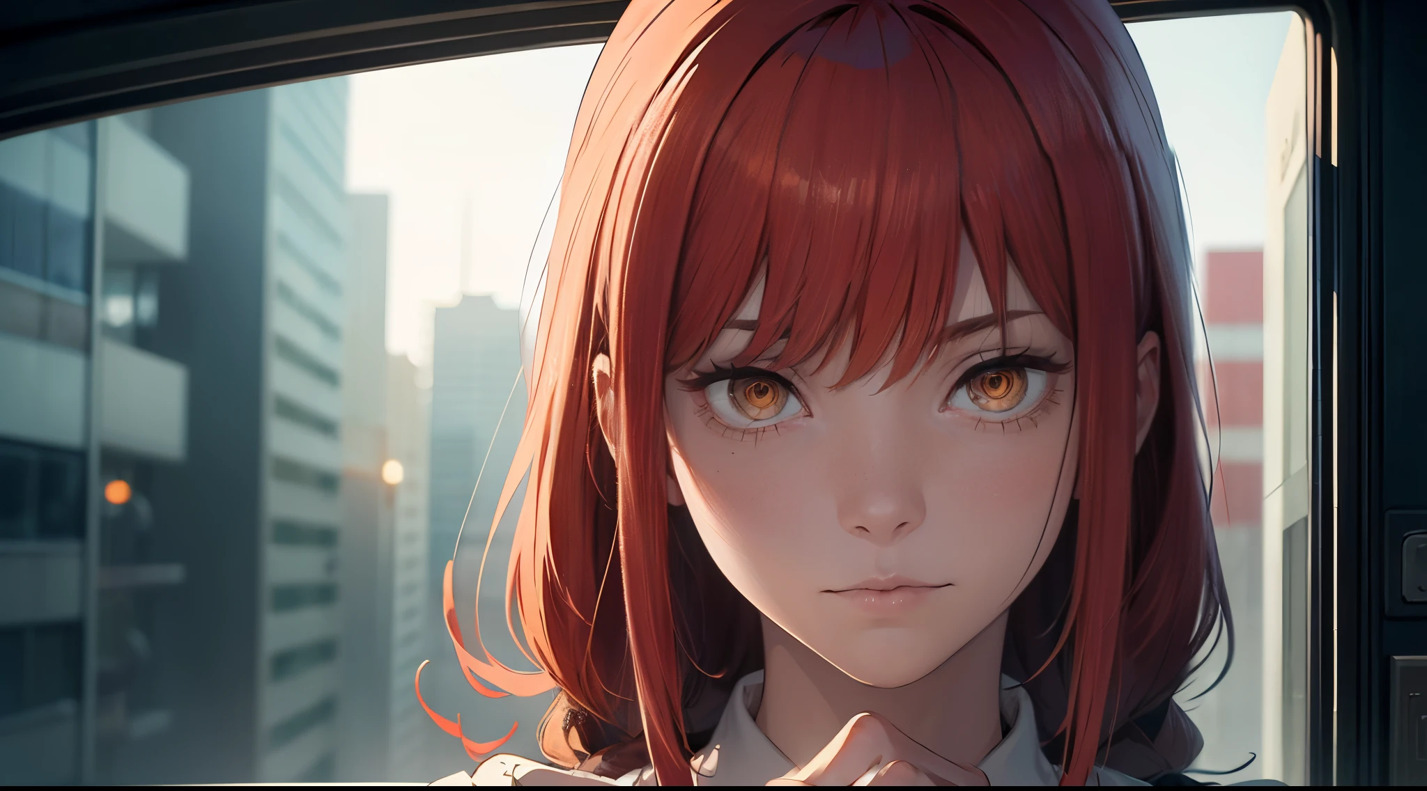 A girl, The character Makima from the anime series Chainsaw Man, fragile, makima, Beautiful figure, Skinny black pants, red hair, Orange Eyes, white shirt, sexypose, Realistic, Very detailed, handsome body, Detailed body, Detailed hands, Detailed, Vibrants, Detailed Face, Makima's character design. Very detailed, Detailed body, Detailed hands, Detailed Face, anime art, extremely detailed CG unity 8k wallpaper, detailed light, Cinematic lighting, chromatic aberration, glittering, expressionless, epic composition, dark in the background, Cherecter Desing, Very detailed, Detailed body, Vibrants, Detailed Face, sharp-focus, anime art, Vibrants, Detailed Face, Hugh Details, sharp-focus, Very drooping face, A detailed eye, super fine illustration, better shadow, finely detail, Beautiful detailed glow, Beautiful detailed, Extremely detailed, expressionless, epic composition, Presented at artstation, Octane Render, artstation hd, Cinematic, 4 thousand., hypermaximalist, elegant