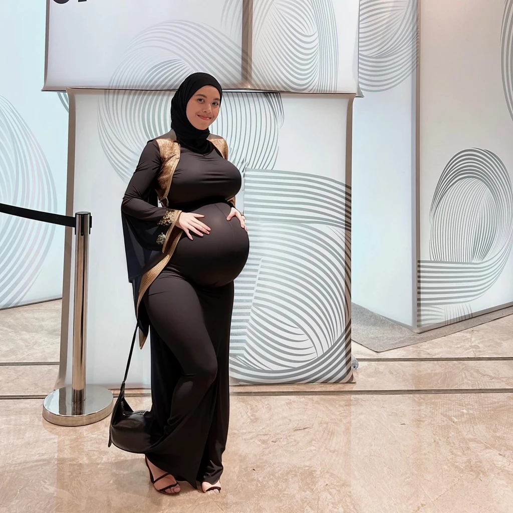 1girl, muslim, pregnant girl, big belly, huge breast, dynamic pose, overaction, fever, complex background, chaos composition, epic, never before, full body portrait, hyperrealistic, 32k, (masterpiece, best quality:1. 4)