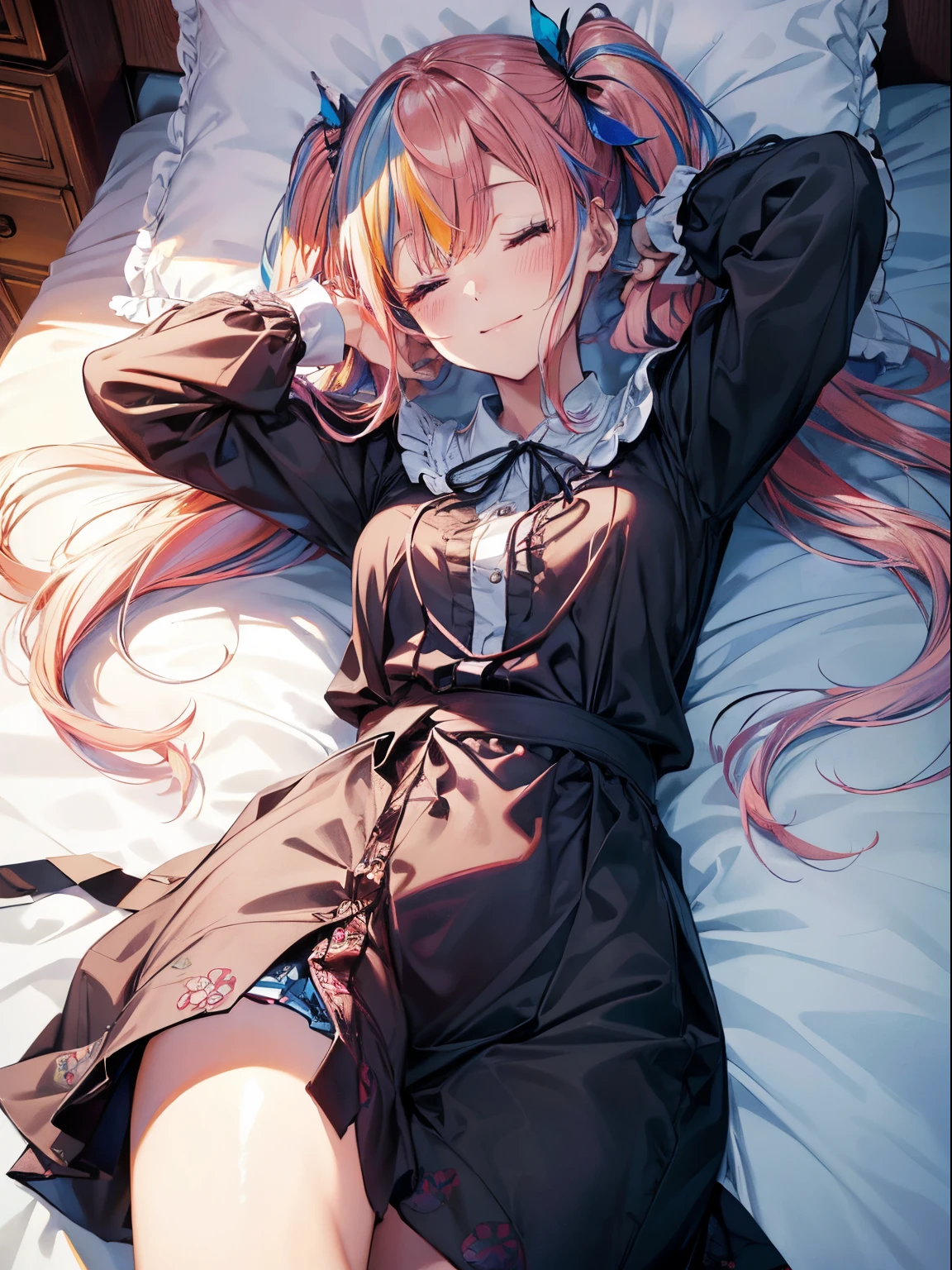 Lying on the bed、Sleeping face、Eyes are closed、(masutepiece:1.3), (8K, Photorealistic, Raw photo, Best Quality: 1.4), Beautiful face, (Realistic face), Beautiful detailed eyes, (Realistic skin), Attractive, Intricate details,Golden ratio, 1 girl,Naughty smile, (rainbow hair:1.4),((Long twintails,Ribbon 1.4)),(Blue butterfly hair ornament),Sleeping on a bed (gradation hair, Dutch angle:1.3), film grains, chromatic abberation, 城市, masterpiece, top-quality, Raw foto, Photorealsitic, a smile、1girl in, cute little, Near and far law, cowboy shot, hight resolution, ultra-detailliert,foco nítido