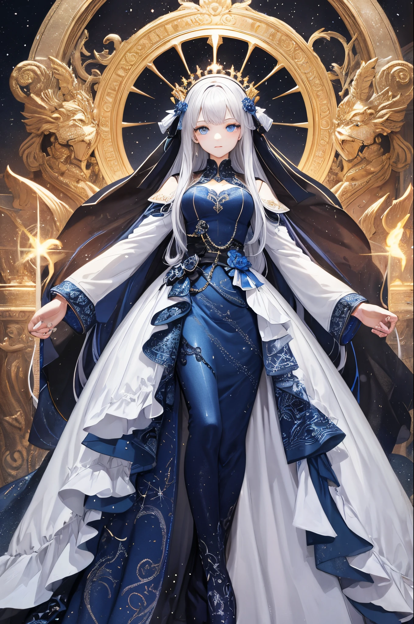 ultra-detailliert、anime illustrated、2D Beautiful Girl、top-quality、Top image quality、masterpiece、超A high resolution、android beautiful girl、sixteen years old, Glowing white cyber suit,Silvery long-haired、Blue Eyes、A slender、The face is depicted in detail、The eyes are very detailed、The clothes are also depicted in detail、hiquality、Beautiful Art、Fantastic Universe、Elaborate design、1人、sun goddess、animesque、illustratio、Full body front