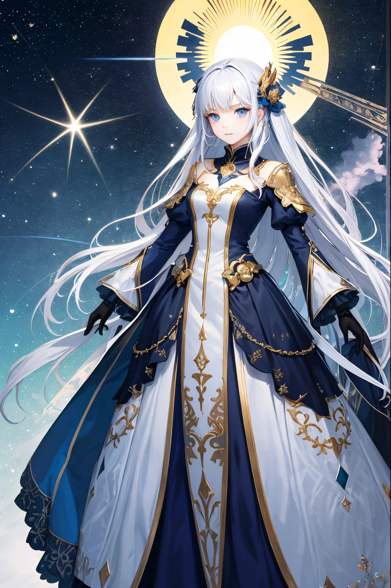 ultra-detailliert、anime illustrated、2D Beautiful Girl、top-quality、Top image quality、​masterpiece、超A high resolution、android beautiful girl、sixteen years old, Glowing white cyber suit,Silvery long-haired、Blue Eyes、A slender、The face is depicted in detail、The eyes are very detailed、The clothes are also depicted in detail、hiquality、Beautiful Art、Fantastic Universe、Elaborate design、1人、sun goddess、animesque、illustratio、Full body front