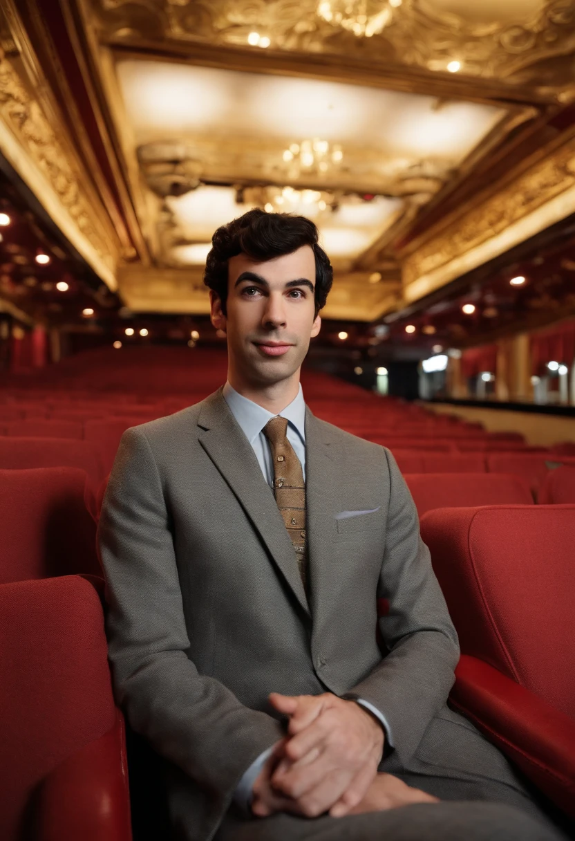 A photo of a quirky, vintage movie theater,original,In “Nathan for You,” Nathan Fielder portrays a character of the same name, marked by his plain, somewhat awkward appearance: often seen in a grey suit and tie, with his hair neatly combed and a pair of unremarkable glasses. This understated look complements his on-screen persona, which is characterized by a deadpan expression and a consistently serious demeanor, regardless of the comedic absurdity unfolding around him.