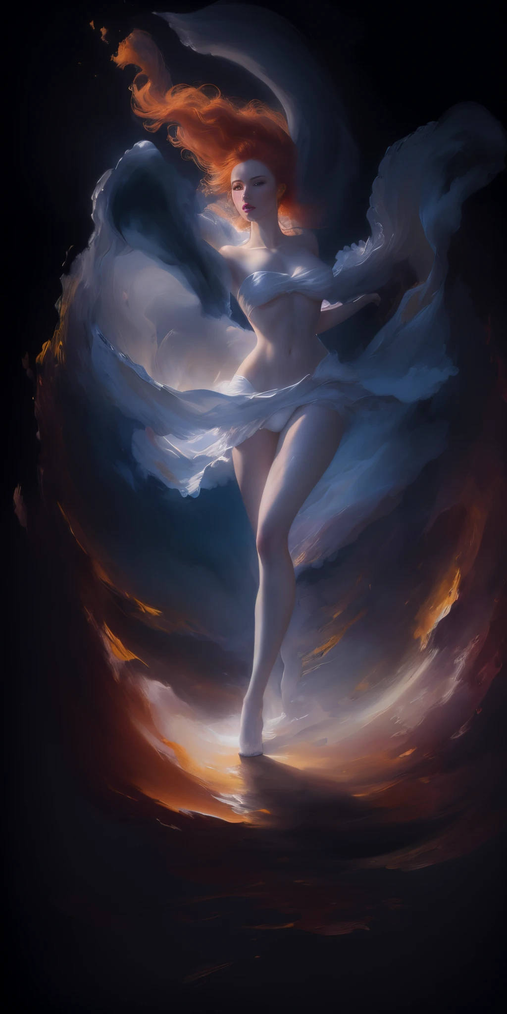 (incomplete painting), white background, oil painting with visible impressionistic strokes of a beautiful ginger woman, dynamic pose, abstract background, impressionistic style, (impressionism:1.1) soft pastels, tetradic colors, upper body shot, zoomed, emotionally evocative, expansive strokes, atmospheric, dynamic, dramatic, best quality, best resolution