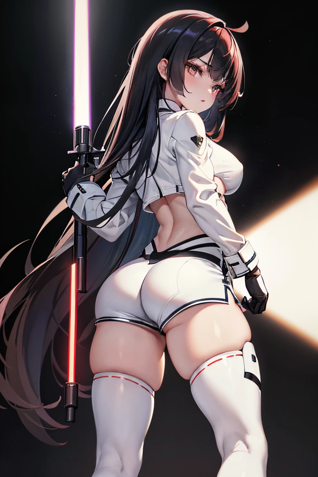 masterpiece, highest quality, (solo focus), (perfect face:1.1), (high detail:1.1),dramatic, 1girl, (pale skin), white eyes, solo, long black and red hair, erected medium breasts, white luxury suit, shorts and thigh high boots, covered navel, covered cinematic lighting, black background and white explosion, white aura, lightsaber, back view