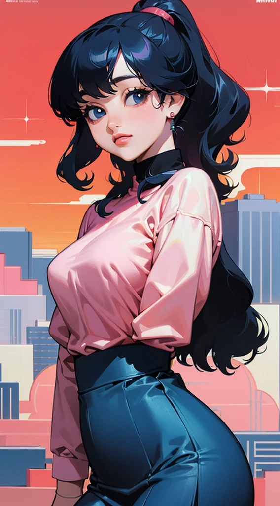 (masterpiece, best quality), beautiful woman, printed cropped turtleneck shirt, skirt, wavy hair, ponytail, asymmetrical bangs, perfect face, beautiful face, alluring, big gorgeous eyes, soft smile, perfect slim fit body, city streets, (outdoor), seoul, bright colors, (risograph)