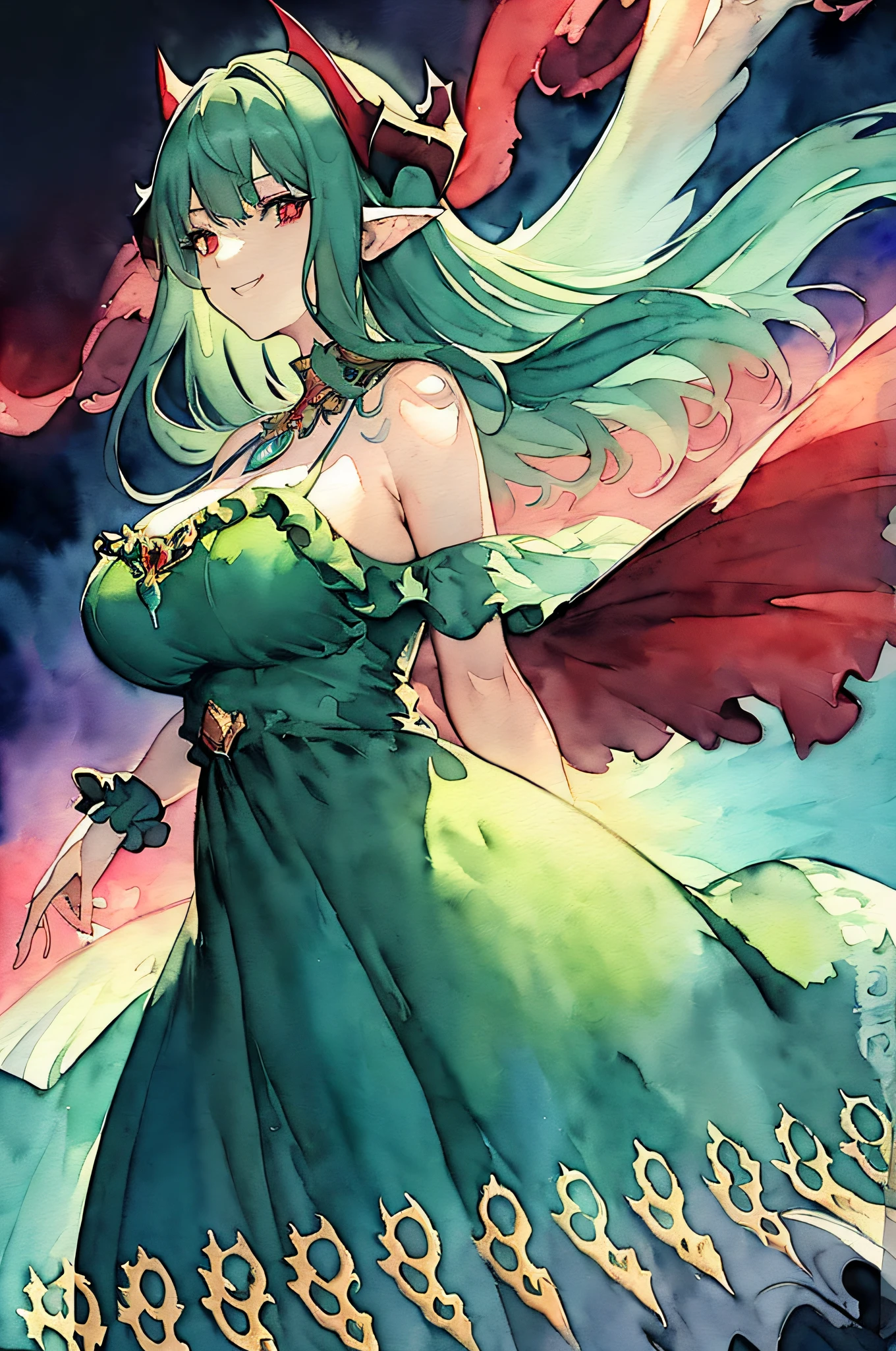 ((Masterpiece)), (Best Quality), ((Super Detail)), (((((watercolor speedpaint Illustration))))), ((Very Delicate and Beautiful)), ((solo)), Dynamic Angle, Looking at viewer, anime moe artstyle, (enigmatic and cunning), ((Crimson red eyes)), ((Deep evergreen forest green hair)), (bob cut hair), ((Twin pitch black demon horns)), (otherworldly), exceptionally beautiful, ((plump)), big breasts, (curvy), ((voluptuous)), (ethereal spirit), ((velvet green dress), (flowing ruffled dress), (Dress with blazing red trim), (gorgeous intricate Blue necklace jewelry), (predatory smile), (high quality), volumetric lighting, ((spiritual plane)), ((((ethereal background))))