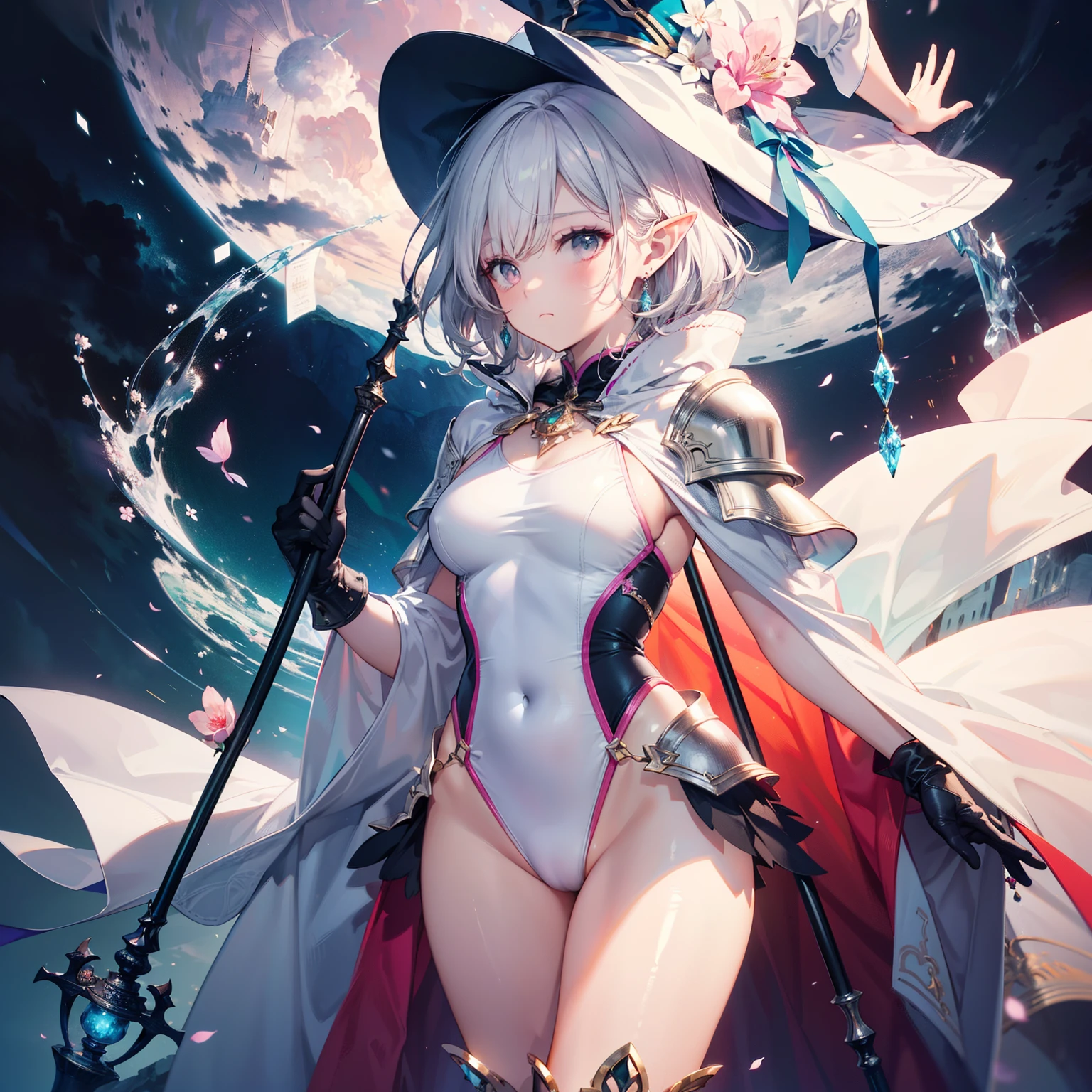 (Best quality,4K,8K,A high resolution,tmasterpiece:1.2), ultra - detailed, (actual,realistically,realistically:1.37), Cute big breasts, fgo Miss Avalon, Elf Girl, Three no girls，hip is cocked，a pink eyes，Long ears, White hair, Fair skin, Willow waist，Aviator,The background is a fantasy city, Pink and white plug set,white  clothes, White gorgeous one-piece swimsuit，White boots, short-length straighthair, Cute makeup, Green-eyed, face expressionless， Gray-haired girl, beuaty girl, Moderate chest size, The content is very detailed, actual, Fantasyart, Silver pink high-cut one-piece swimsuit with armor, Pink and white long gloves，long white cape，long white cape，rays of moonlight, Neck and head silver jewelry, White and pink witch hat, Witch Staff