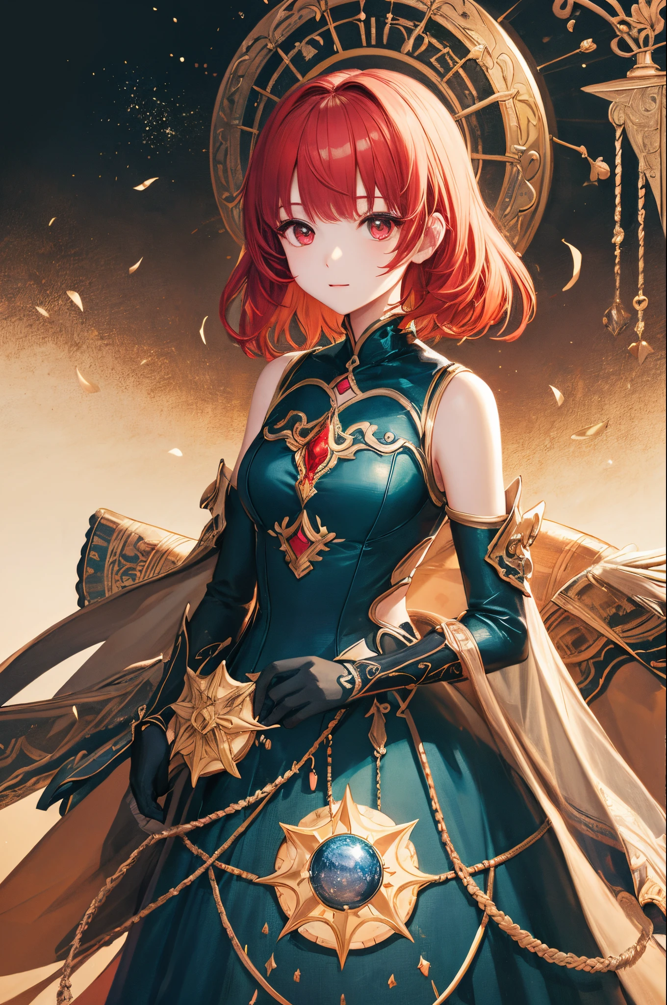 ultra-detailliert、anime illustrated、2D Beautiful Girl、top-quality、Top image quality、masterpiece、超A high resolution、android beautiful girl、, glowing red cyber suit,short hair of red color、Red Eyes、A slender、The face is depicted in detail、The eyes are very detailed、The clothes are also depicted in detail、hiquality、Beautiful Art、Fantastic Universe、Elaborate design、1人、sun goddess、animesque、illustratio、Full body front