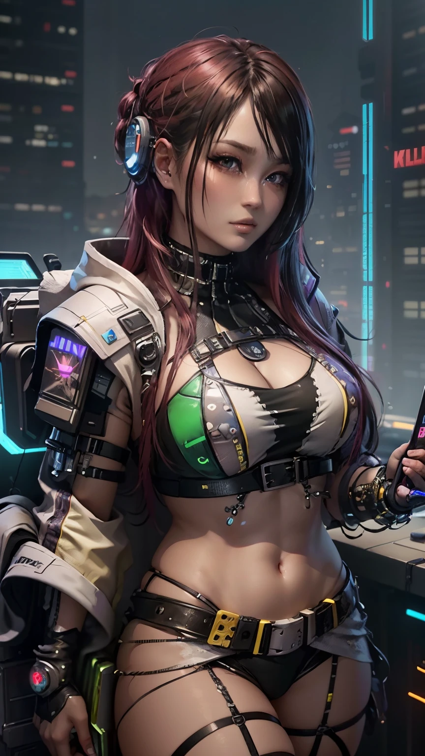 ((Best Quality)), ((Masterpiece)), (Very detailed:1.3), 3D, Beautiful (Cyberpunk:1.3) Female hacker, thick hair, revealing clothes, operating computer terminals, computer servers, LCD screens, fiber optic cables, corporate logos, HDR (High Dynamic Range), ray tracing, NVIDIA RTX, Super Resolution, Unreal 5, Subsurface scattering, PBR textures, Post processing, Anisotropic filtering, Depth of field, Maximum sharpness and sharpness, Multi-layer textures, Albedo and specular mapping, surface shading, accurate simulation of light-material interactions, perfect proportions, octane rendering, duotone lighting, low ISO, white balance, rule of thirds, wide aperture, 8K RAW, high efficiency sub-pixels, subpixel convolution, luminous particles,