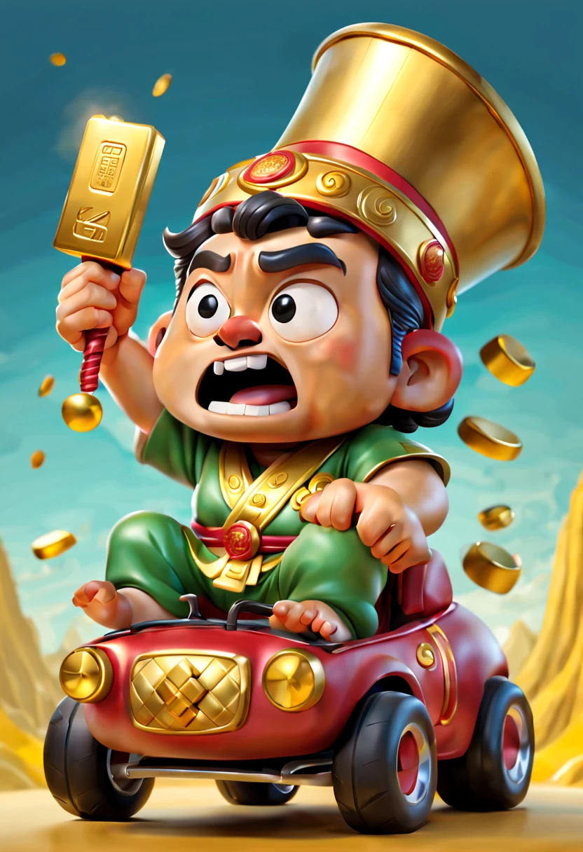 A cartoon cute God of Wealth,Riding a cartoon battery car,Holding gold ingot in hand,clean backdrop,Background full of treasures
