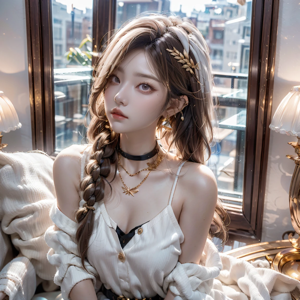 best quality, masterpiece,white hair, gold eyes,white clothes, looking up, upper body,hair strand,Fair skin,side braids