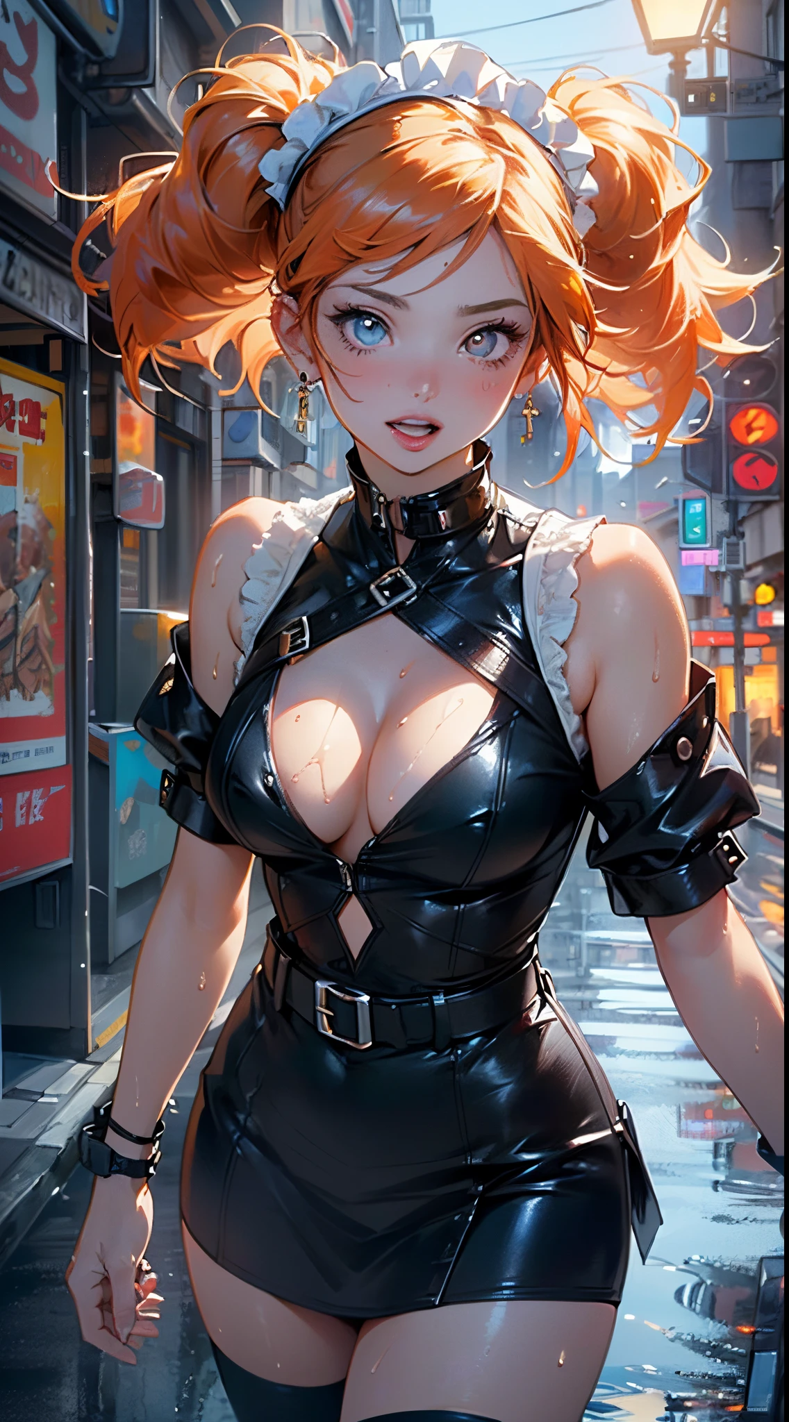 maid girl,((1girl)),((maid girl with extremely cute and beautiful orange hair)),

(large breasts:1.4),bountiful breasts,fluffy breasts,H cup bust,bust up,bulging bust top,(((orange twintails hair:1.35,colored inner hair,twintails,ear breathing))),((heterochromia:1.5, (orange_eye and yellow_eye))),intricate eyes,beautiful detailed eyes,symmetrical eyes,((fat)),(((lustrous skin:1.5,bright skin: 1.5,skin tanned,shiny skin,very shiny skin,shiny body,plastic glitter skin,exaggerated shiny skin,illuminated skin,wet legs))),(spider lower abdomen,narrow waist,wide hip,athletic body,inflated legs,detailed body,(detailed face)),

cute,slutty,seductive,erotic,(((nsfw))),

zettai ryouiki,(maid headdress),maid uniform,Headdress,(maid),sleeveless,mini skirt,boots,cleavage cutout,bare legs,clothes with a lot of lace frills,((wet clothes,intricate outfit,intricate clothes)),

(dynamic pose:1.0),solo focus,happy,((open mouth)),(centered,scale to fit dimensions,Rule of thirds),

cyberpunk city by the ocean at night, with bright neon signs and dark stormy clouds and puddles, scenery:1.25,nighttime, starry night, cosmos,Very dark night that makes the neon lights stand out, very bright neon lights,nighttime, starry night, cosmos,

artistic photography,(photography taken by sldr),highres, sharp focus,(ultra detailed, extremely detailed), (photorealistic artwork:1.37),(extremely detailed CG unity 8k wallpaper),((synthwave background theme)),(((vibrant colors))),intricate,(intricate background),(masterpiece),(best quality),perfect rendered face,perfect face details,realistic face,photo realistic,analog style,((intricate detail)),(((realism))),