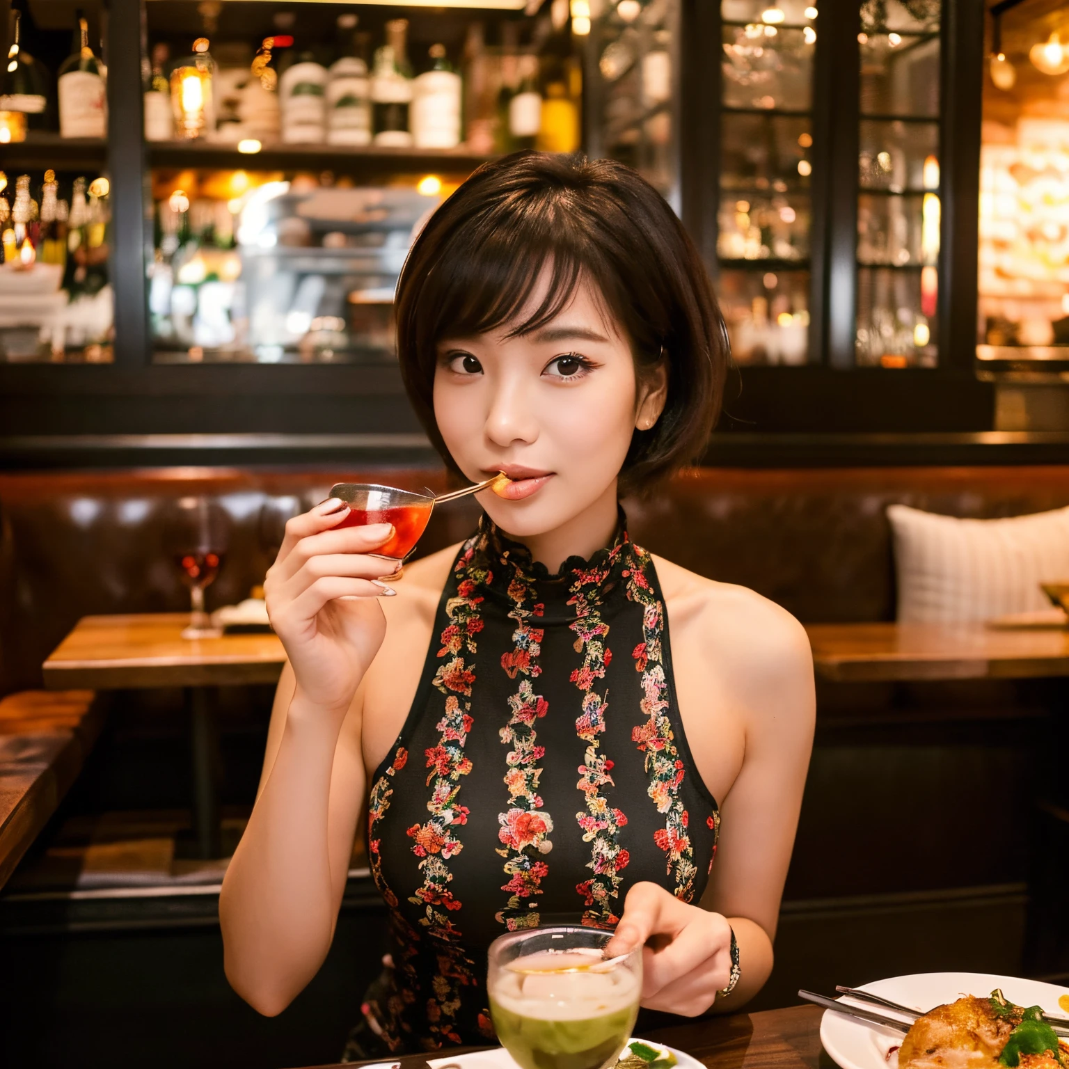 ((masterpiece, best quality, absurdress)), Asian woman, 24 years old, exuding exceptional beauty, sporting a stylish short bob, dressed in a fashionable floral one-piece dress, enjoying a meal at a trendy urban restaurant, savoring a bowl of potage soup accompanied by a glass of wine.