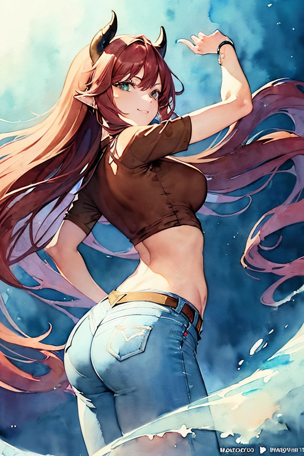 ((Masterpiece)), (Best Quality), ((Super Detail)), (((((watercolor speedpaint Illustration))))), ((Very Delicate and Beautiful)), ((solo)), Dynamic Angle, Looking back at viewer, anime moe artstyle, enigmatic but playful, ((Emerald green eyes)), ((Rich crimson red hair)), (wavy cascading long hair), ((Twin pitch black demon horns)), (otherworldly), exceptionally beautiful, (curvy), ((voluptuous big butt)), ((((tight brown T-Shirt)))), (((midriff))), ((((tight blue jeans)))), ((ethereal spirit)), (teasing smile), (high quality), (volumetric lighting), ((spiritual plane)), ((((ethereal background))))