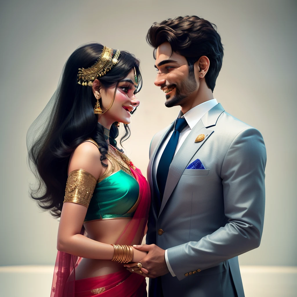 A guy wearing a grey suit and a girl wearing a read saree. Looking at eachother and smiling. His hands around her. 3D