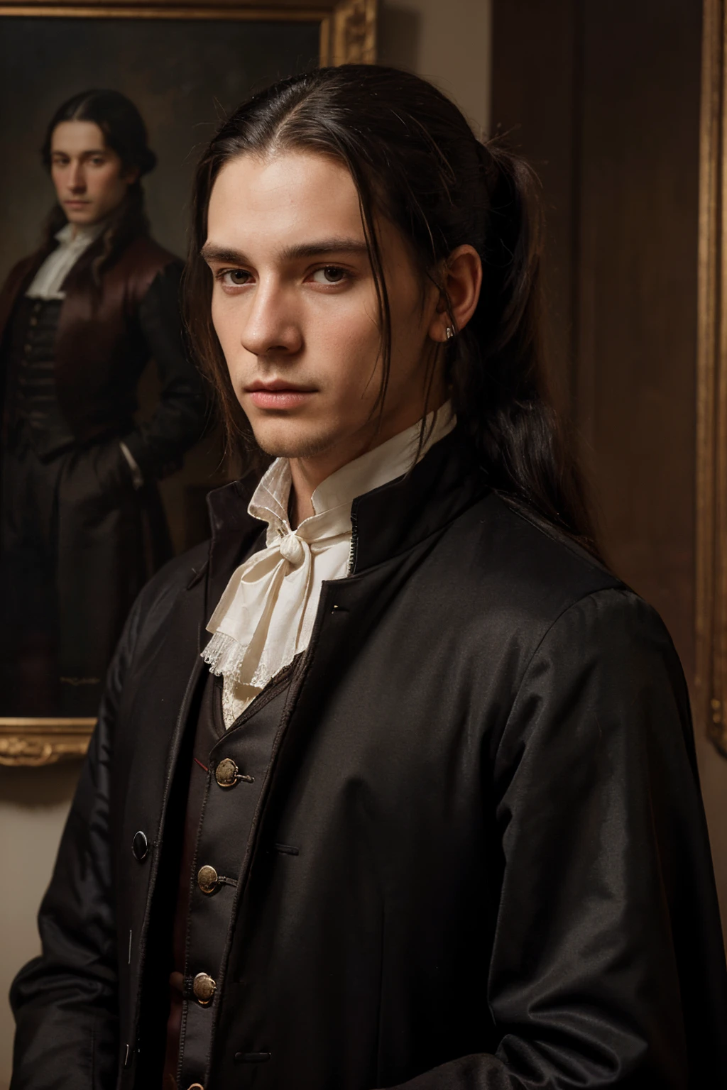 Young English nobleman, late 16th century, Long black hair with ponytail, tailcoat, burgundy coat, Serious expression, portrait, oil painting