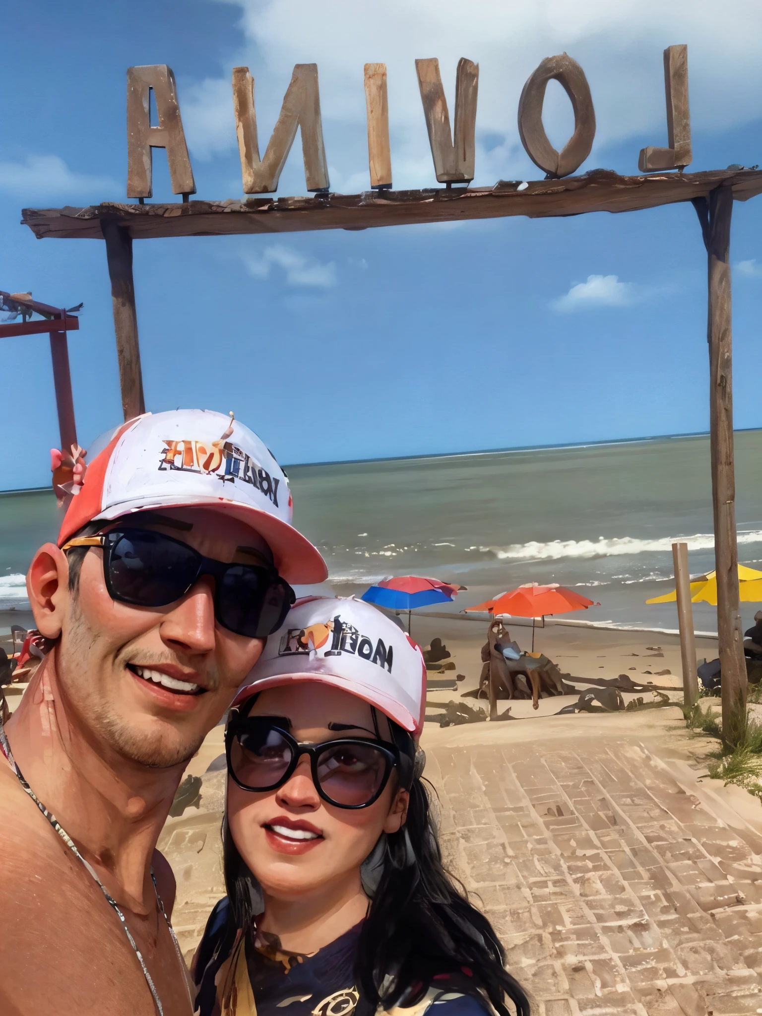 there are two people standing on the beach with a sign, 😭 🤮 💕 🎀, Andorinha Toron, 🤬 🤮 💕 🎀, Jenna Barton, imagem de perfil, in a beachfront environment, Directed by: Nandor Soldier, Directed by: Sam Dillemans, Directed by: Emma Andijewska, Directed by: Tom Wänerstrand, imagem frontal