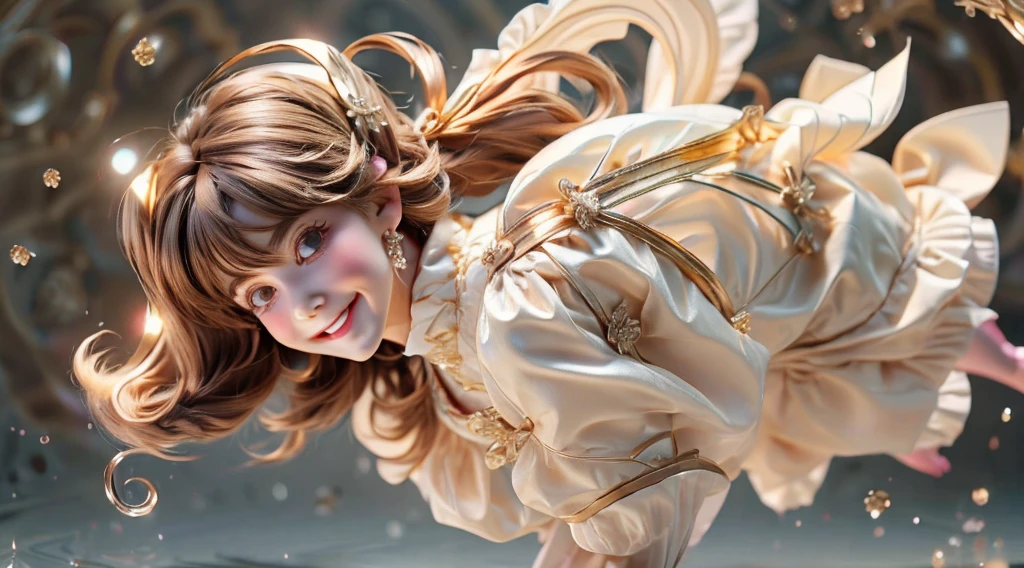 floating hair and detailed mouth.The girl is wearing white hair ribbon with black edge, an extremely delicate and beautiful cyborg girl, 3d, creative frame design, extremely fine and beautiful, full body, best detailed girl, depthoffield, head tilt, beautiful detailed fullbody, longuette, beautiful detailed girl, teenage girl, long Bright wavy hair, topknot, Air bangs, long bangs between eyes, hair over shoulder, hair flaps, light brown hair, colored inner hair, fluffy hair, extremely beautiful detailed anime face and eyes, grin, furrowed brow, beautiful detailed deep eyes, Slightly open mouth, mechanical arm armor, large breasts, zettai ryouiki, light brown eyes, Smooth and radiant skin, delicate gold metal decorations, hair bow, flower, short dress, puffy sleeves, frilled skirt, leg ribbon, insanely detailed frills, hands hide in puffy sleeves, skindentation, finely detailed cloth, pink Clothes, flowers Surrounded, reflective water surface, falling petals, sparkle, refined rendering, extremely detailed 8K wallpaper, masterpiece, ultra-detailed,