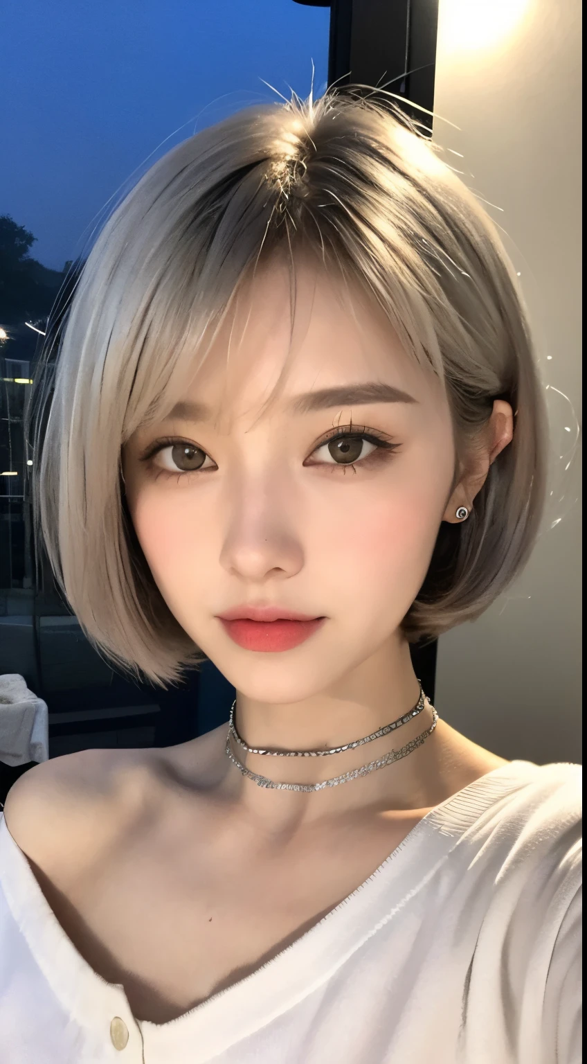 ((nighttime scene、Realistic light、Top image quality、8K、masterpiece:1.3))、1girl in、Slim figure beauty:1.4、(Brown hair、middlebreasts:1.3)、Off-shoulder cut top:1.3、1 Close-up of a woman wearing a white shirt and choker, girl with short white hair, Girl Silver Hair, White hair color, white bangs, White French Bob, white short hair, short white hair, White bob cut hair, Chrome Bob Haircut, silver hair girl, silver white hair, white hime cut hairstyle, short silver hair, white french bob hairstyle