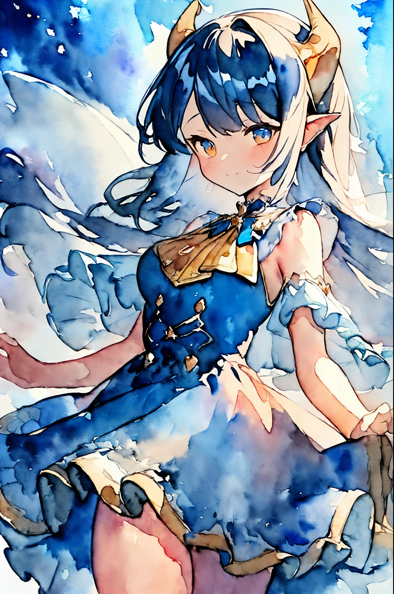 ((Masterpiece)), (Best Quality), ((Super Detail)), (((((watercolor speedpaint Illustration))))), ((Very Delicate and Beautiful)), Dynamic Angle, Looking at viewer, anime moe artstyle, ((ultra detailed)), enigmatic and quiet, (shimmering orange eyes), (Straight long hair), ((deep blue hair)), ((Twin pitch black demon horns)), (otherworldly), exceptionally beautiful, plump, (blush), ((wide hips)), ((thick thighs)), (((dark blue ruffled skirt))), (((short ruffled flowing blue dress))), (gold trim), (dress with gold trim), (gorgeously detailed dress), (lacy clothes with ruffles), (((short))), ((((li)))), ((ethereal spirit)), ((slight smile)), (high quality), volumetric lighting, evening light, ((spiritual plane)), ((((ethereal background))))