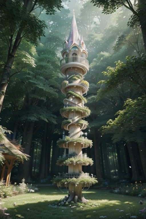 Harmony Haven Tower in the Harmonic Glade:

    Biome: A magical glade resonating with harmonious energies.
    Color: Soft pastels and ethereal hues, radiating a calming aura.
    Roof: A crystalline dome that resonates with ambient magical sounds.
    Location: At the heart of the harmonic glade, surrounded by enchanted flora.
    Prompt: "Illustrate a tranquil wizard's tower in a harmonic glade, emphasizing the soft pastels and the crystalline dome that resonates with magical sounds."