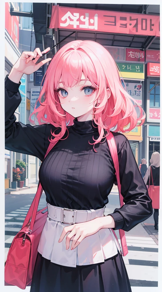 (masterpiece, best quality), beautiful woman, printed cropped turtleneck shirt, skirt, wavy hair, asymmetrical bangs, perfect face, beautiful face, alluring, big gorgeous eyes, soft smile, perfect slim fit body, city streets, (outdoor), seoul, bright colors, (risograph)