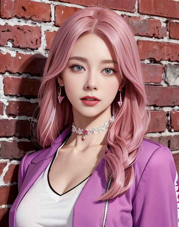 (masterpiece, best quality, 1girl, solo, intricate details, chromatic aberration), realistic, ((medium breath)),long hair, pink hair, red head ornament, pink highlights, hair over one eye,purple eyes, earrings, sharp eyes, choker, neon shirt, open jacket, crop turtleneck sweater,open waist,(perfect symmetrical body),against wall, brick wall, graffiti, dim lighting, alley ,look at viewer