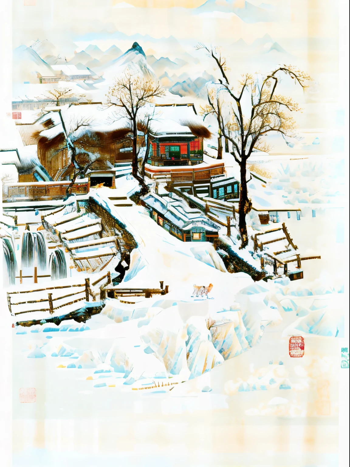 There is a picture，The painting is of a snowy village with trees, distant village background, old village, old asian village, thatched roof, Snow Country，Wide view of village with snow，Chinese landscape，traditional Chinese watercolor painting，Traditional chinese painting，China ink painting，peaceful scenery。