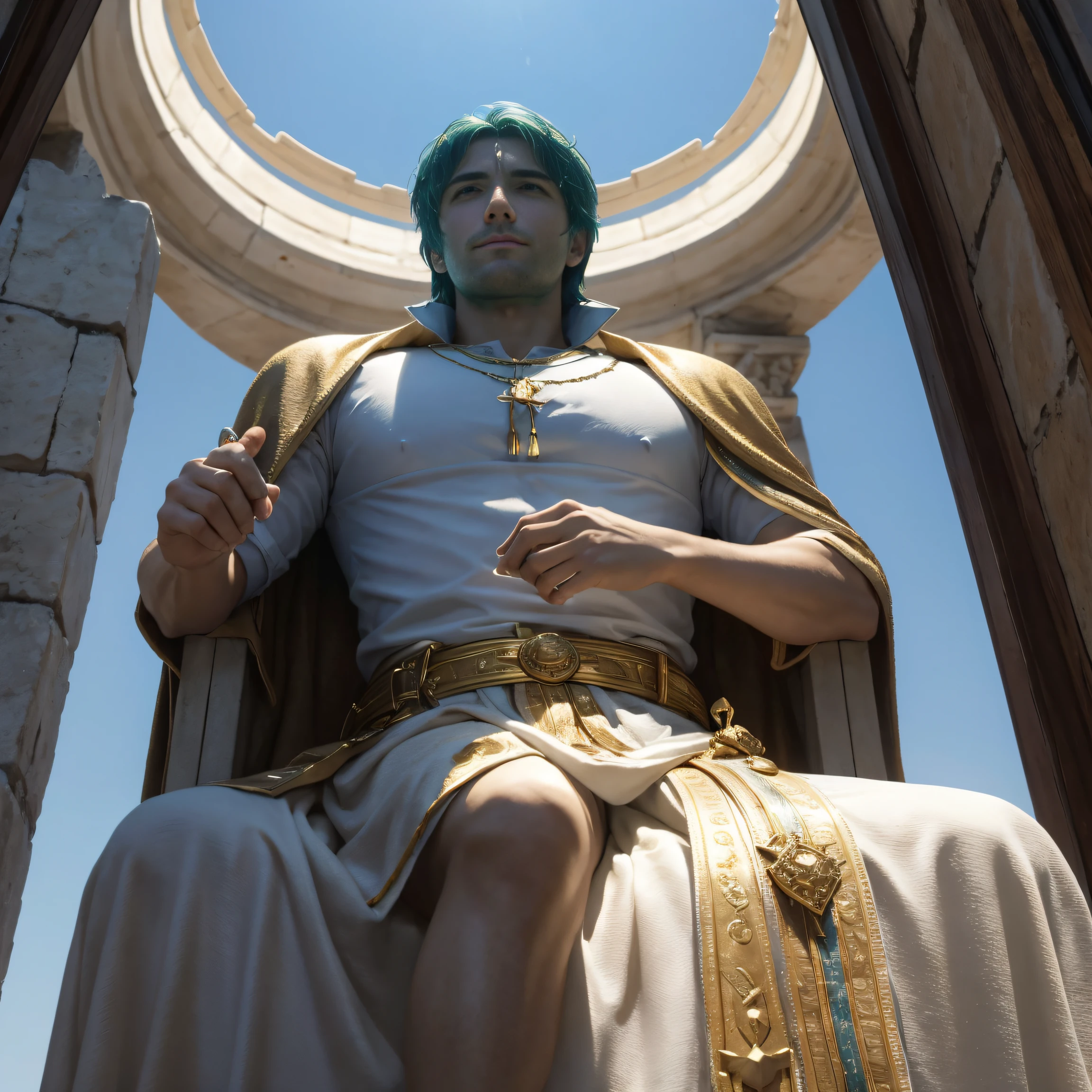 The figure of Constantine the Great, the Roman Emperor who has been revived in this day and age。young adult male。Bright and sharp eyes。his left eye is green、The right eye is scarlet。beside him、A lion and a lamb cuddling together are relaxing。The bright sun is rising。looking up at the blue sky。smiling kindly。a well-known international journalist、Also everyday people々He is also a warm travel writer who is close to the lives of people.。Competent and has ambition, passion and belief in his work.。Honest and kind, but cold and unforgiving when necessary.、He has a resolute personality.。jerusalem background。masterpiece。ultra-quality。The mutual complementarity of heavenly love and living on earth。