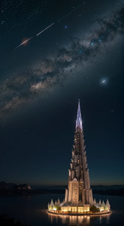 Crystal Spire Observatory in the Celestial Expanse:
Biome: Floating islands amidst the celestial expanse.
Color: Translucent crystal walls reflecting the hues of distant stars.
Roof: A dome of crystallized starlight, projecting constellations.
Location: On a floating island, accessible only by magical means.
Prompt: "Design a mesmerizing scene featuring a wizard's crystal spire observatory on a celestial floating island. Highlight the translucent crystal walls and the dome projecting celestial constellations."
