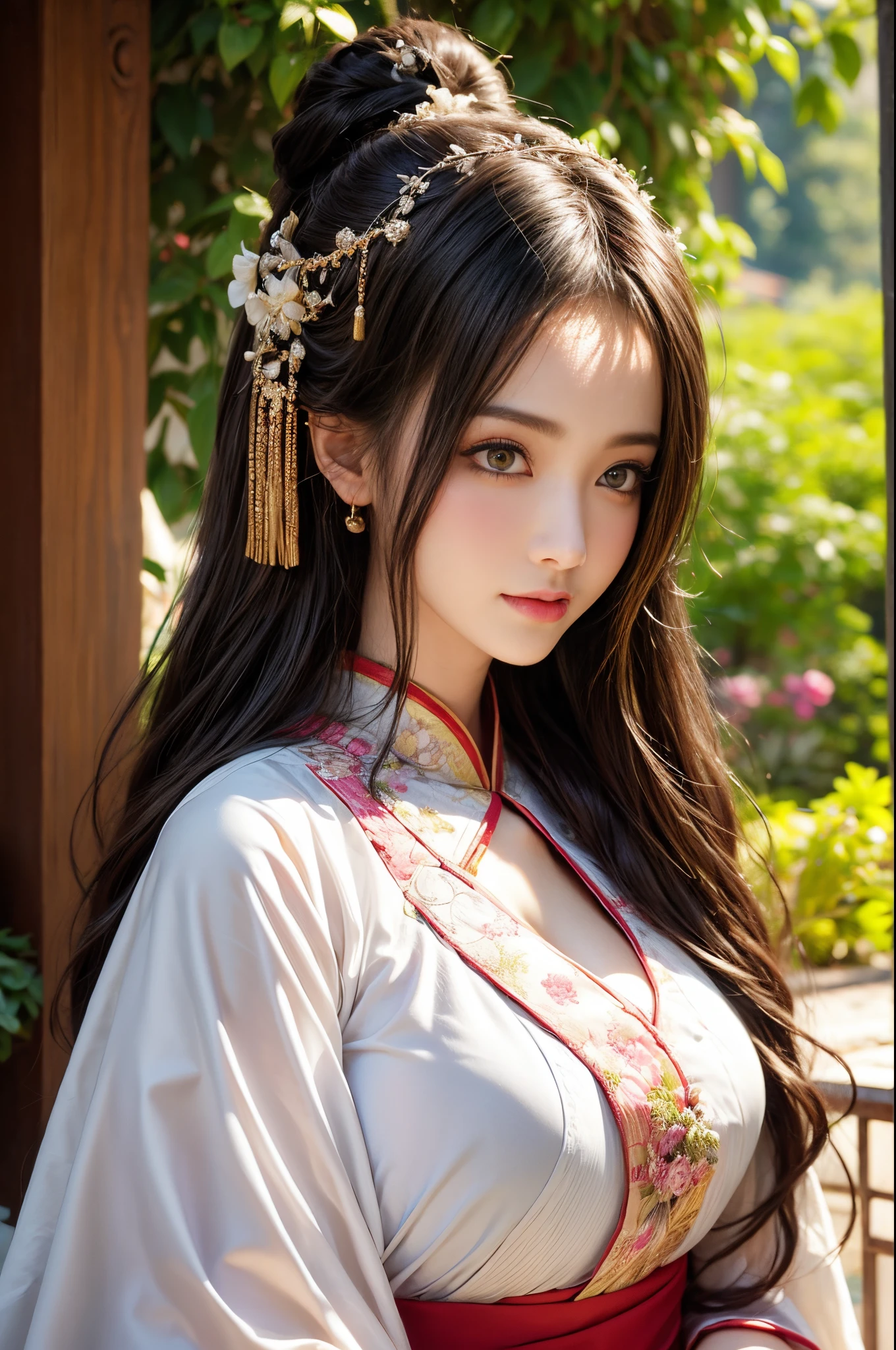 (Best quality at best,masterection,A high resolution),wuxia,1个Giant Breast Girl,(line art:1.9)Chinese dress,beautiful detailed face,美丽细致的眼睛,beautiful detailed lips,Long eyelashes,flowing dark hair,with a calm expression,Garden background,vivd colour,Soft natural light