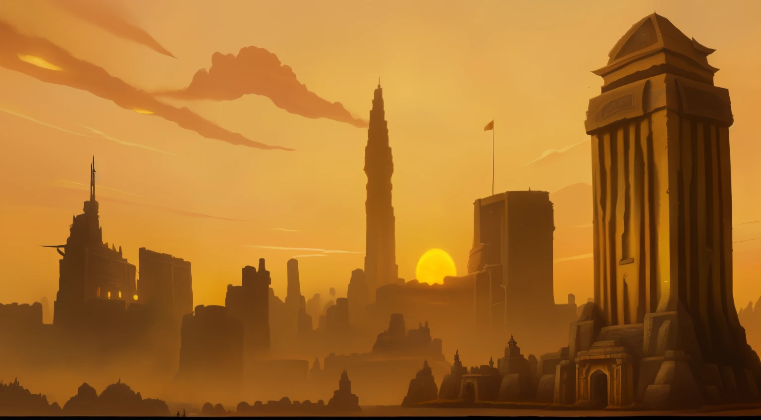 (Ancient city) with tall yellow buildings and sunset sky ,front views, ((epic city), (ultra-clear), arena background,  world of warcraft art style,world of warcraft concept art, scorched earth, painted as a game concept art