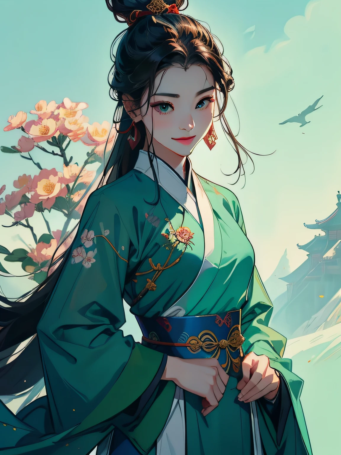 A woman who is，Canglin Sect Hualin Dharma Protector，beautiful and lively，Green dominant color picture，emoticon smile，Clothing of the mobile period，The background is covered with flowers，pretty  face，portrait of upper body，Detail portrayal，Martial arts costumes，Best Picture Quality,