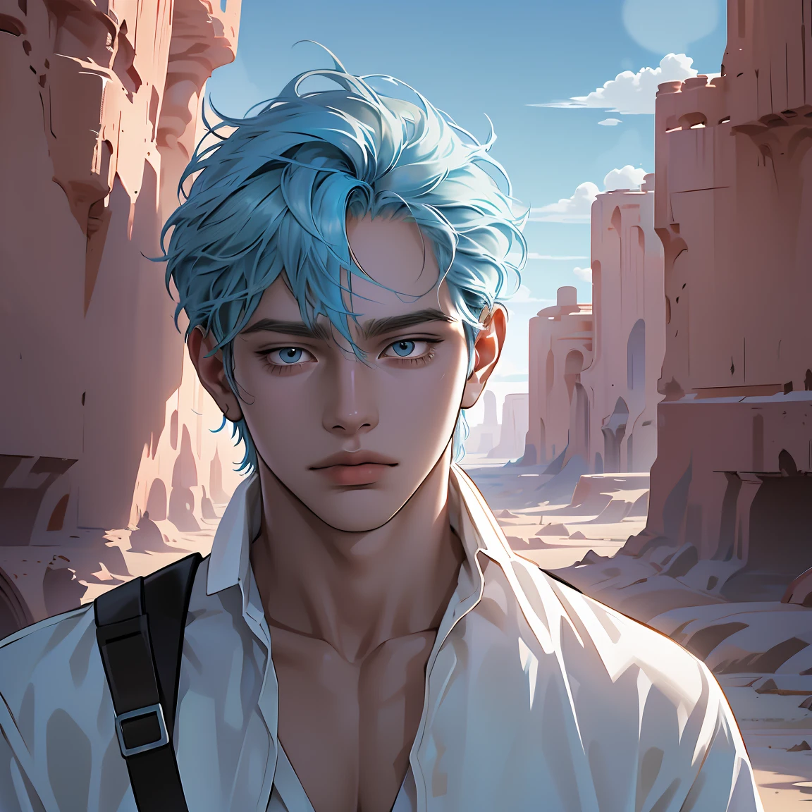 Beautifully drawn, high quality, ultra-detailed CG illustration of a young man with a serene expression, gazing into the distance with his striking light blue hair gently waving in the desert breeze. The scenery behind him is vast and breathtaking, drawing the viewers into a world of wonder and exploration.