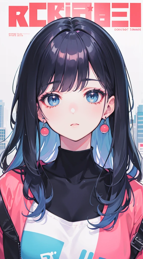 (masterpiece, best quality), beautifulature woman, printed cropped turtleneck shirt, wavy hair, asymmetrical bangs, perfect face, beautiful face, alluring, big gorgeous eyes, soft smile, perfect slim fit body, city streets, (outdoor), seoul, bright colors, (risograph) portrait