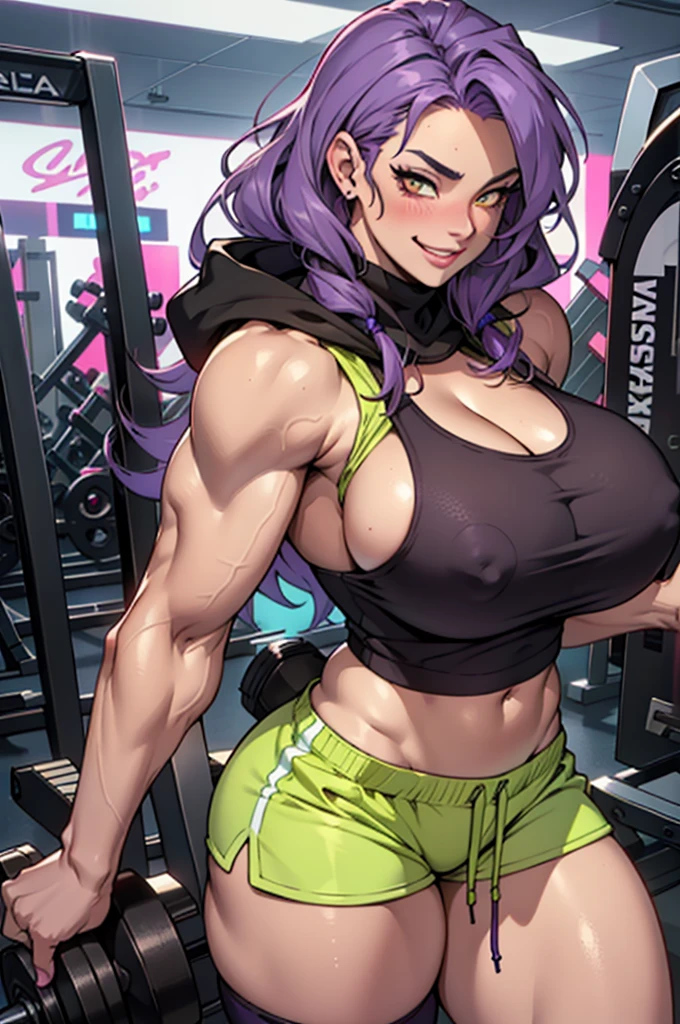 Perfect CG unity 8K UHD wallpaper( latina girl huge gigantic breasts cleavage showing bodybuilder muscular toned body, pale skin, long purple colored hair, vibrant glowing yellow eyes, long detailed eyelashes) smiling sexy seductive facial expression, blushing, thick thighs, standing in a dynamic pose, wearing hoodie tank top and shorts, in a fitness gym, perfect masterpiece, best quality, best resolution