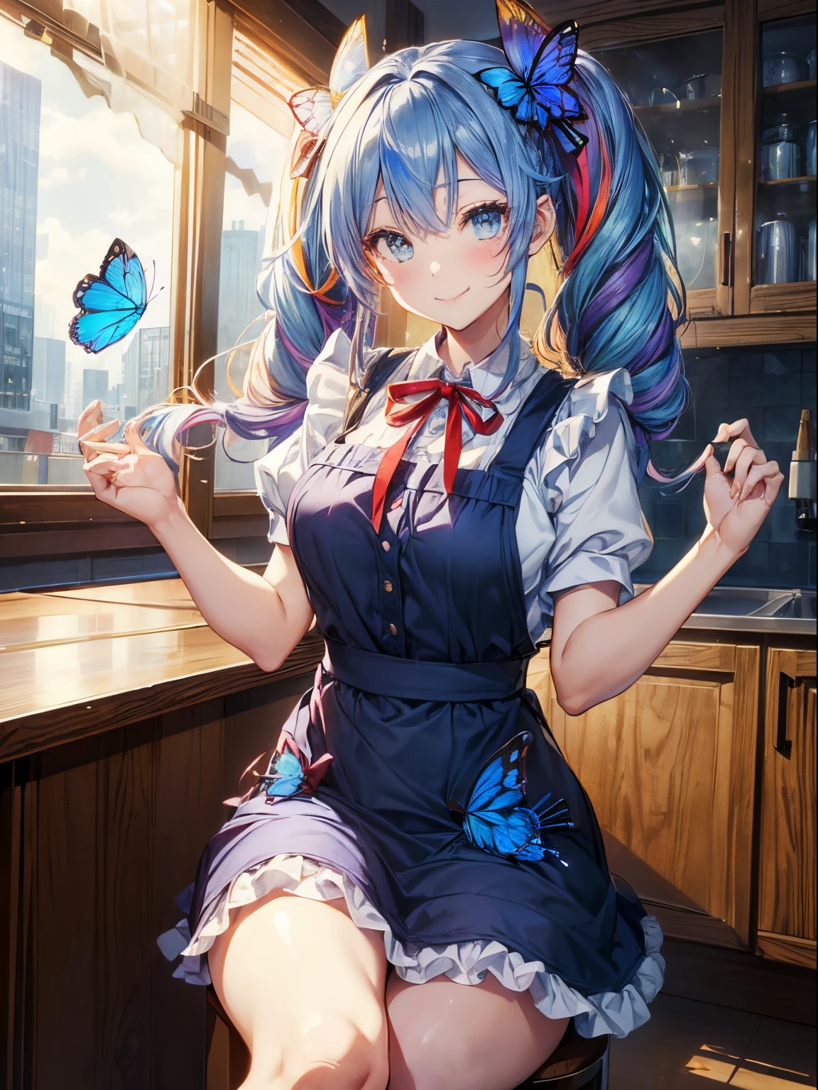 Bento、lunch boxes、Kitchen Island, Large windows with a view of the cityscape、kitchin_Apron,(masutepiece:1.3), (8K, Photorealistic, Raw photo, Best Quality: 1.4), Beautiful face, (Realistic face), Beautiful detailed eyes, (Realistic skin), Attractive, Intricate details,Golden ratio, 1 girl,A smile, (rainbow hair:1.4),((Long twintails,Ribbon 1.4)),pinafore(blue butterfly apron dress),(Blue butterfly hair ornament),Breakfast,Dynamic Pose,Dynamic Angle,Intricate details, Hyper realistic, Perfect Anatomy、A smile、Smiling、Face enhancement