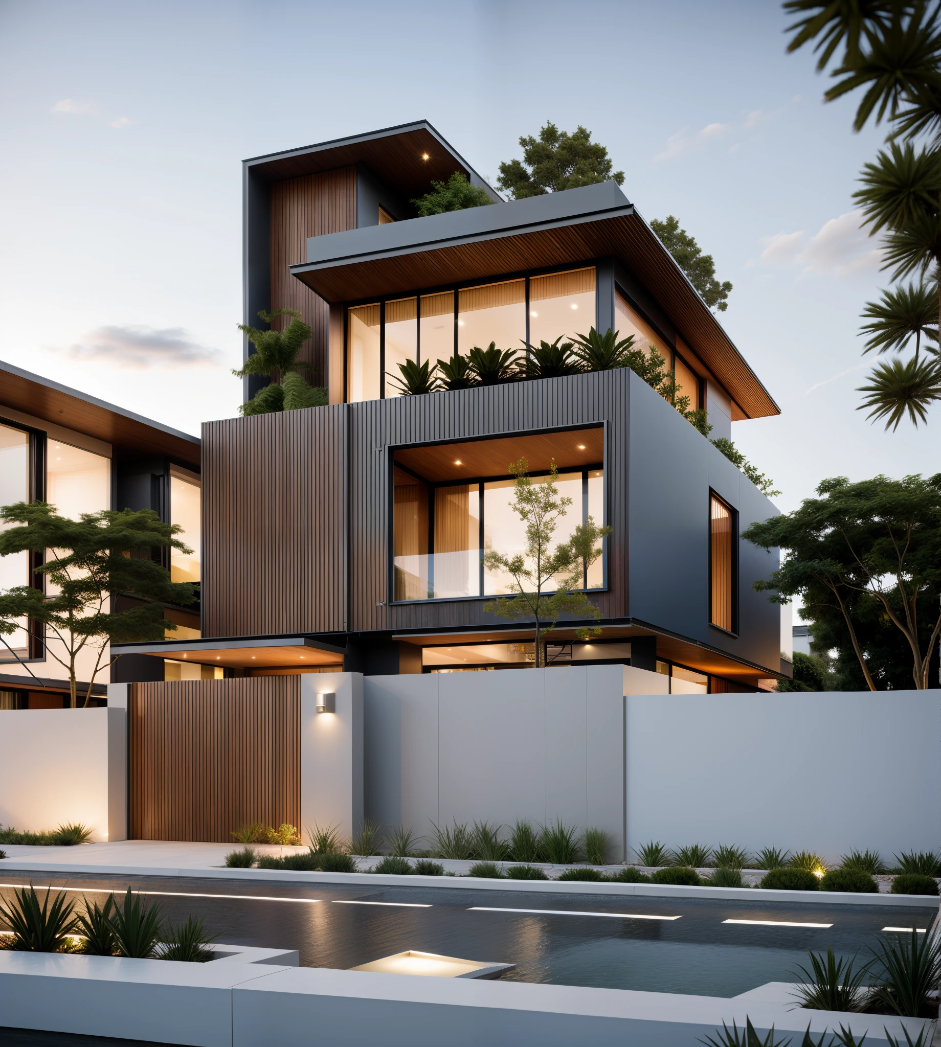 Exterior, morden house, dynamic light, curve linear